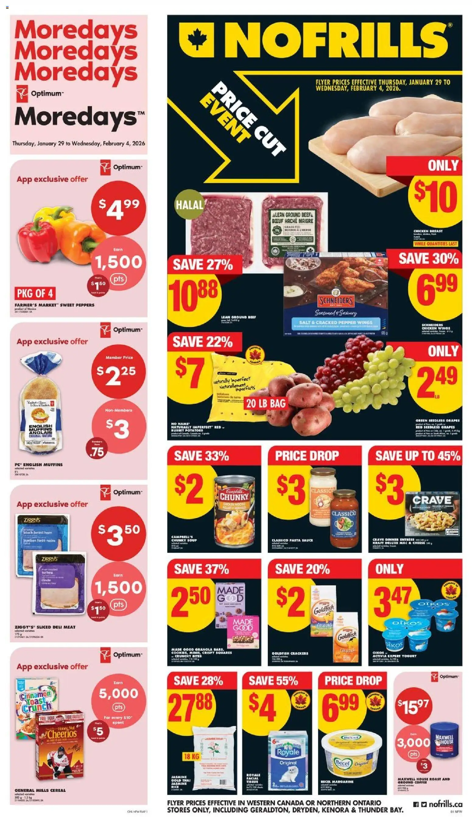 Preview of leaflet Weekly Flyer - AB from shop No Frills is valid from Jan 29, 2026 - Chicken wings, Meat, Bag, Muffins, Roast, Grapes, Ground coffee, Seedless grapes