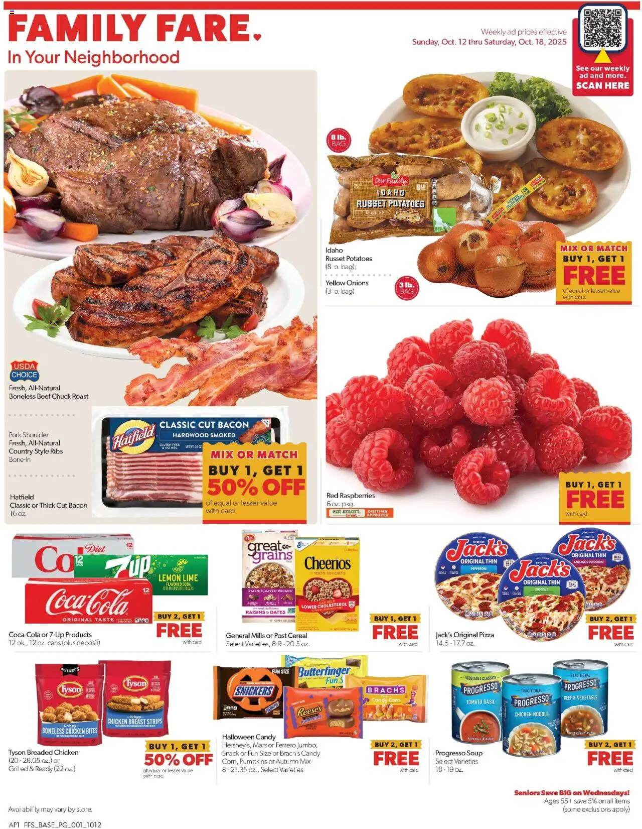 Ad Preview of Family Fare Weekly Ad from 10/12/2025 - Potatoes, Cereal, Corn, Bacon, Beef, Lime, Snickers, Grains