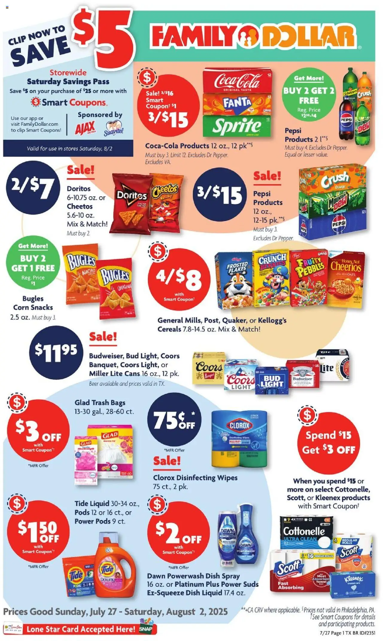 Family Dollar Weekly Ad from 07/27/2025 - Flyer - Page number 1 - Berries, Honey, Beer, Cereals, Disinfecting wipes, Snacks, Sprite, Pepsi