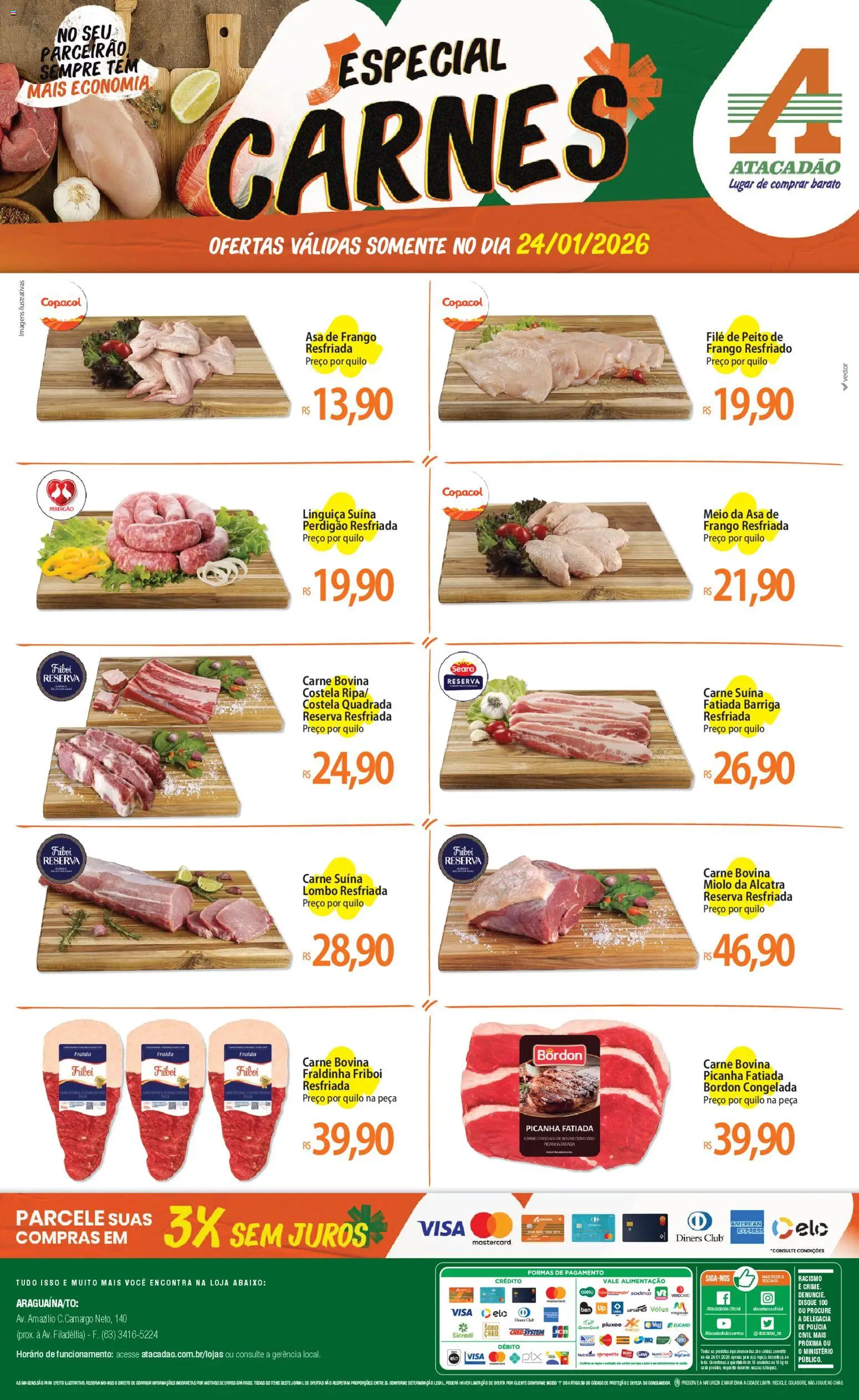 Pré-Visualização do folheto "Ofertas - TO" da loja Atacadão válido a partir de 24/01/2026 - Picanha, Carne, Fraldinha, Linguiça, Alcatra, Carne bovina, Asa de frango, Frango resfriado