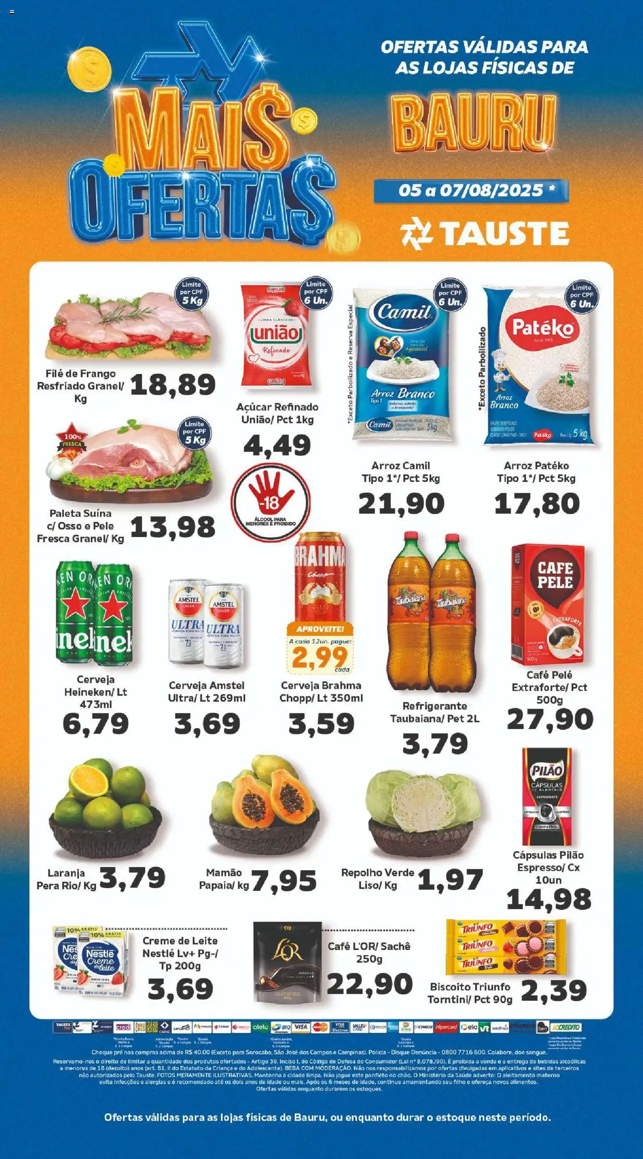 Tauste folheto "Ofertas Semanal" válido a partir de 05/08/2025 - número de página 1 - Cerveja, Arroz, Biscoito, Frango, Açúcar, Filé de frango, Paleta suína, Taubaiana