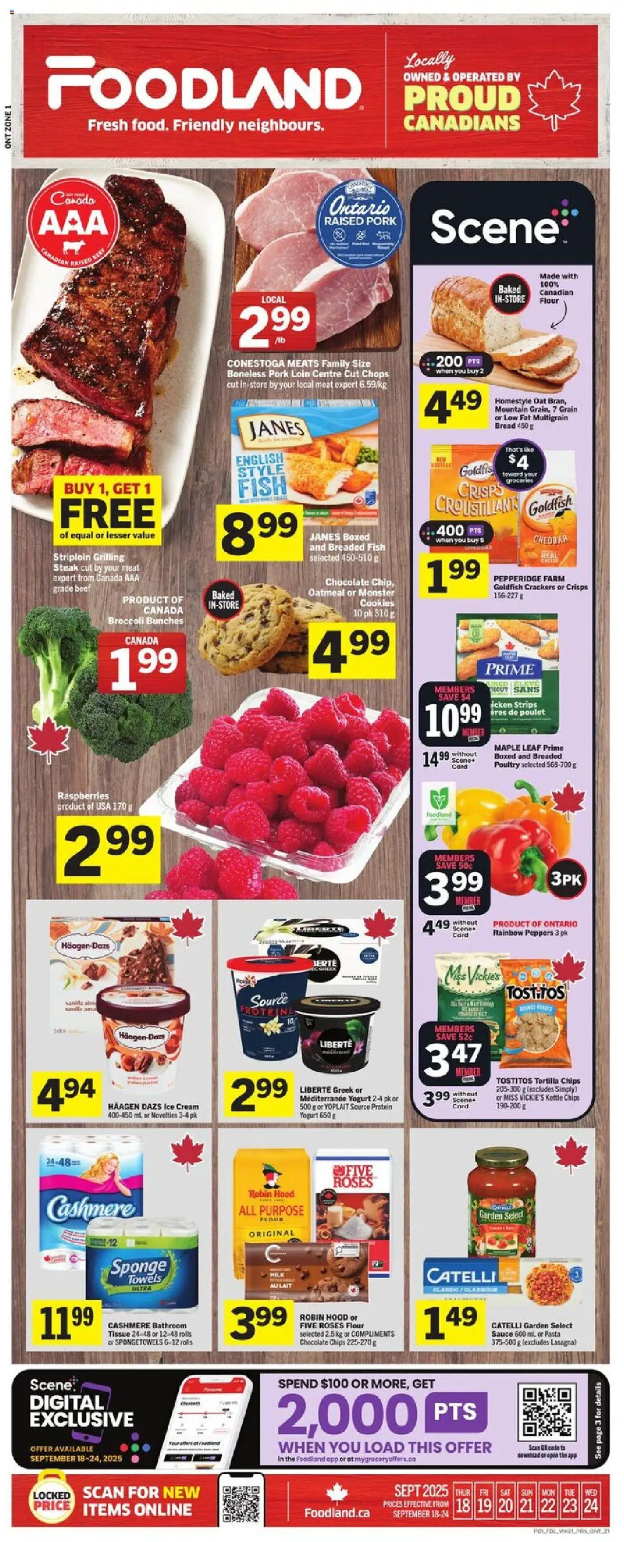 Foodland flyer valid from Sep 18, 2025 - page number 1 - Yogurt, Beef, Raspberries, Vanilla, Cream, Crackers, Flour, Poultry