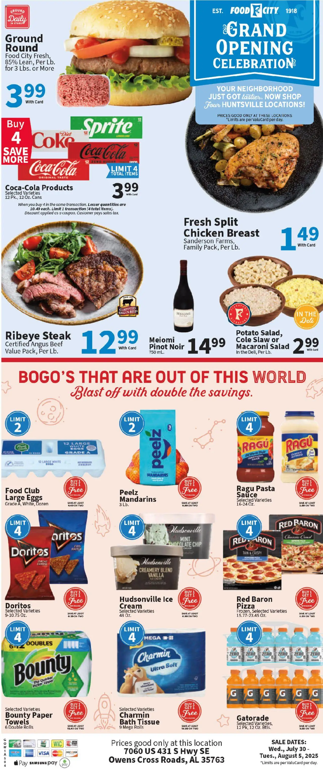 Food City Grand Opening from 07/30/2025 - Flyer - Page number 1 - Pizza, Ice, Steak, Salad, Mandarins, Cream, Vanilla, Chocolate Chip