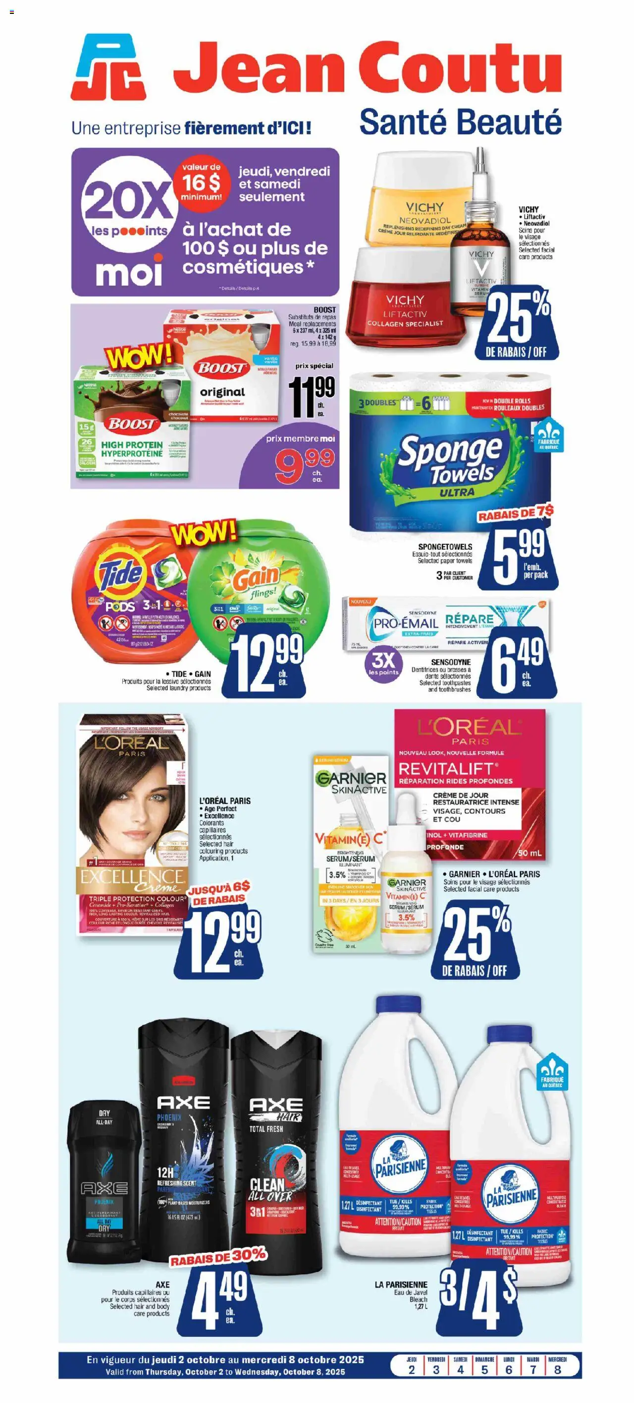 Jean Coutu flyer valid from Oct 02, 2025 - page number 1 - Chocolate, Protein, Cream, Paper towels, Towels, Sponge
