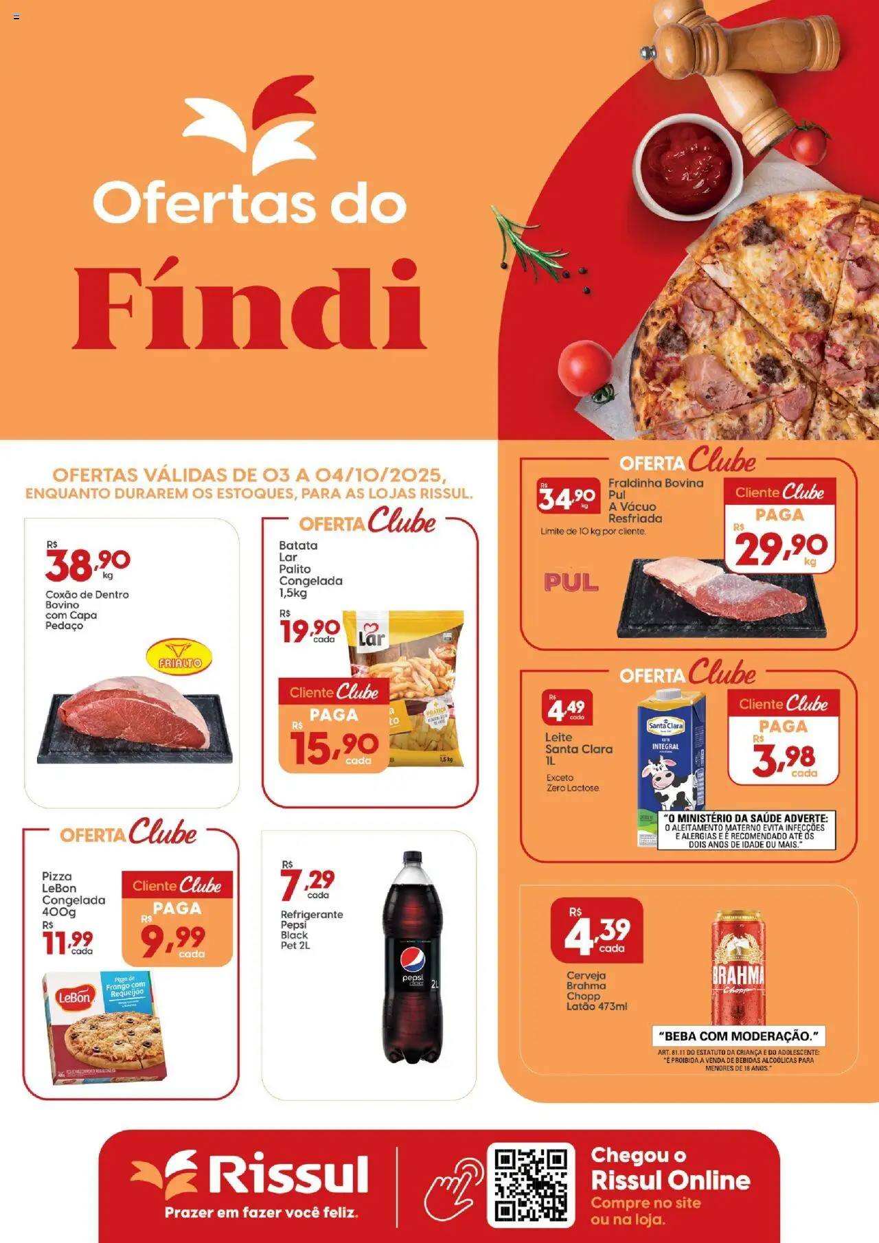 Rissul folheto "Ofertas do Fíndi" válido a partir de 03/10/2025 - número de página 1 - Pizza, Cerveja, Bebidas, Batata, Frango, Refrigerante, Fraldinha, Requeijão