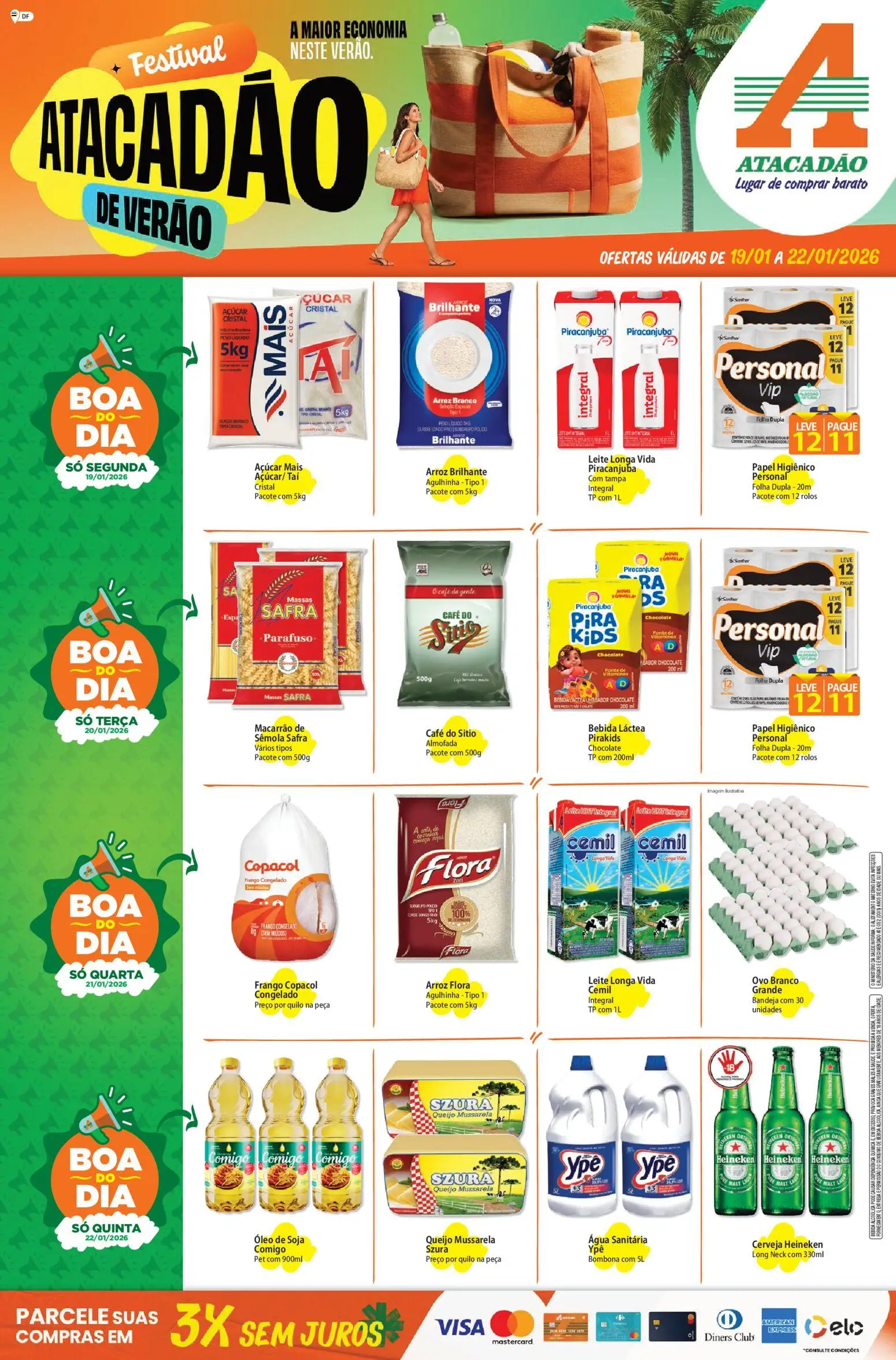Pré-Visualização do folheto "Ofertas - DF" da loja Atacadão válido a partir de 19/01/2026 - Arroz, Bebida, Leite, Queijo, Cerveja Heineken, Mussarela, Soja, Açúcar