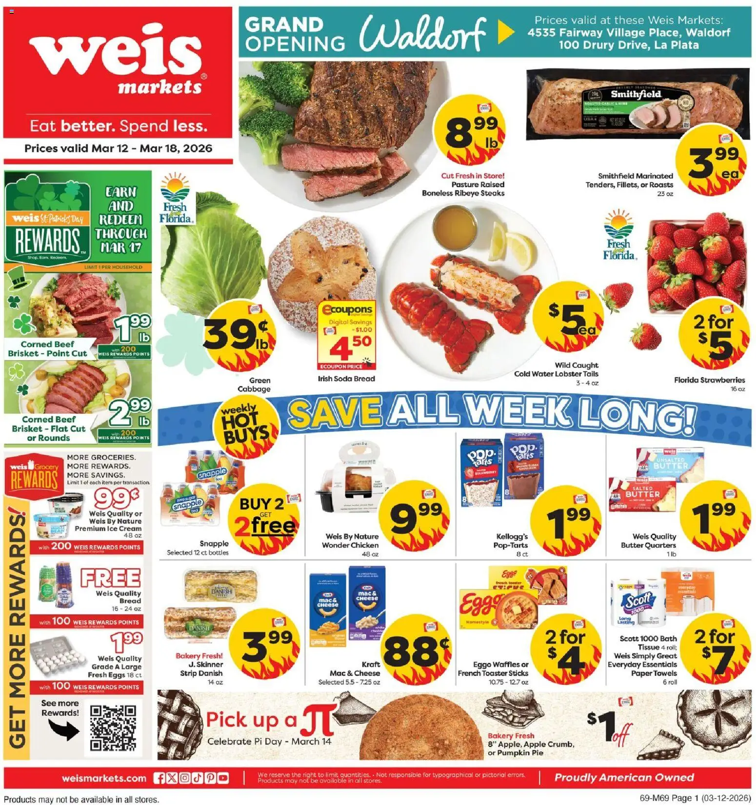 Ad Preview of Weis Weis Grand Opening Waldorf from 03/12/2026 - Ice cream, Waffles, Water, Ice, Strawberries, Butter, Beef, Cream