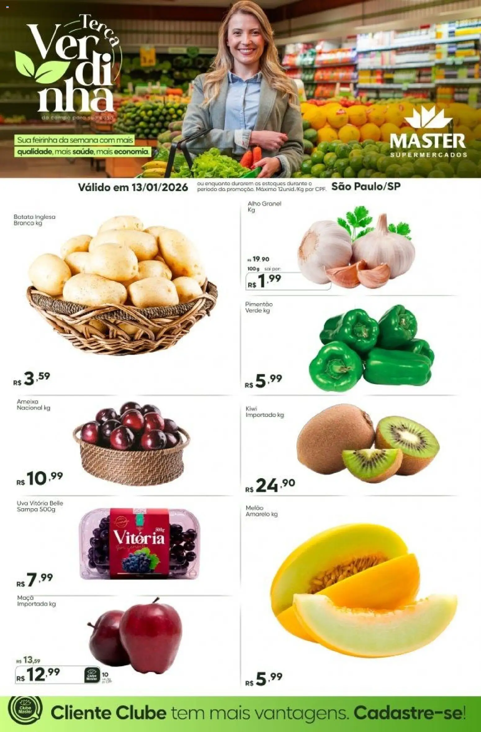 Pré-Visualização do folheto "Ofertas do Dia - SP" da loja Master válido a partir de 13/01/2026 - Kiwi, Uva, Batata, Ameixa, Melão, Alho, Pimentão, Melão amarelo