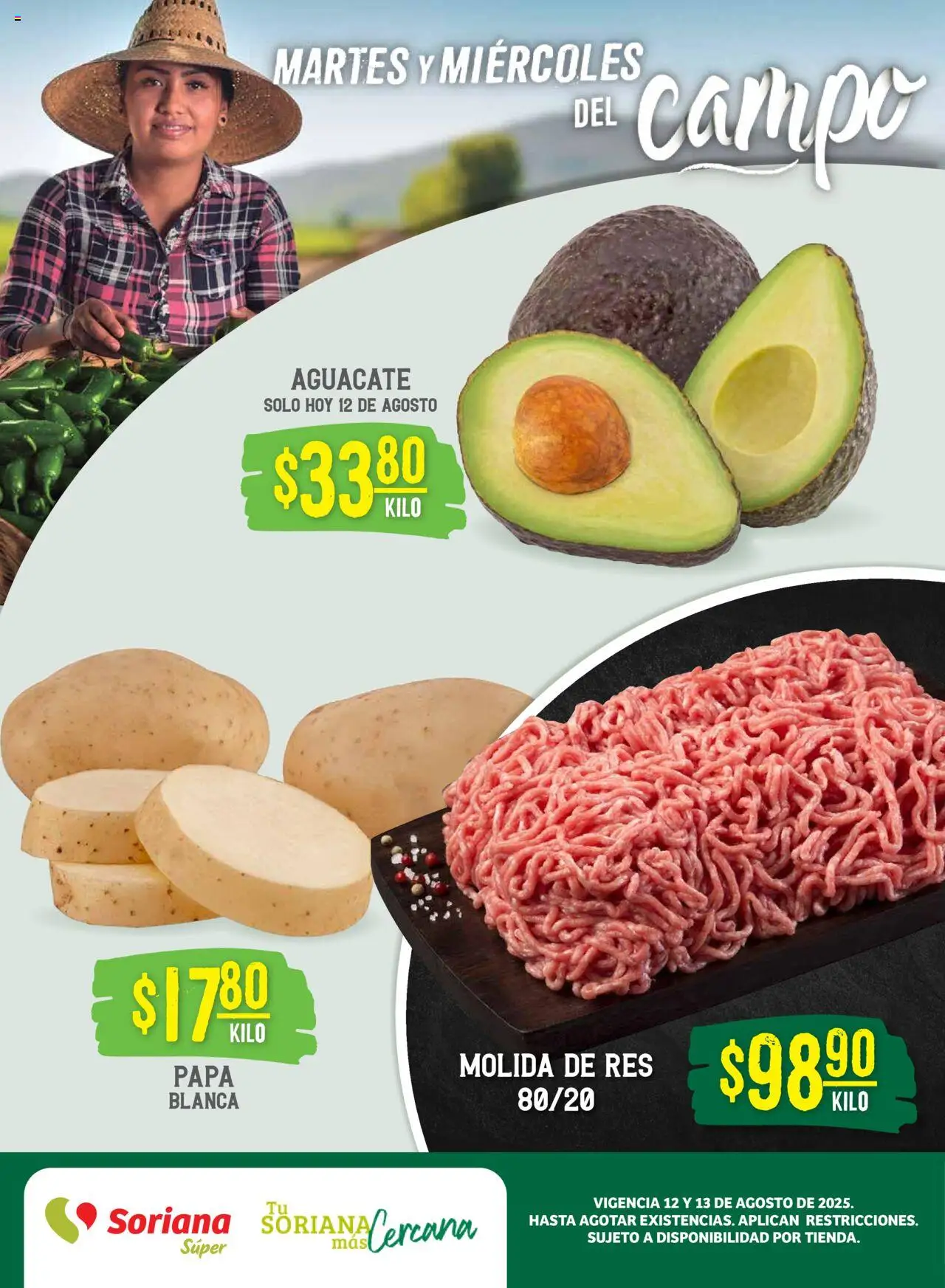 Martes y Miércoles del Campo Súper: Ver, Tab, Chis, Camp, Yuc y Q. Roo Soriana y sus promociones válidas desde el 12/08/2025 - Número de página 1 - Papa, Aguacate, Res