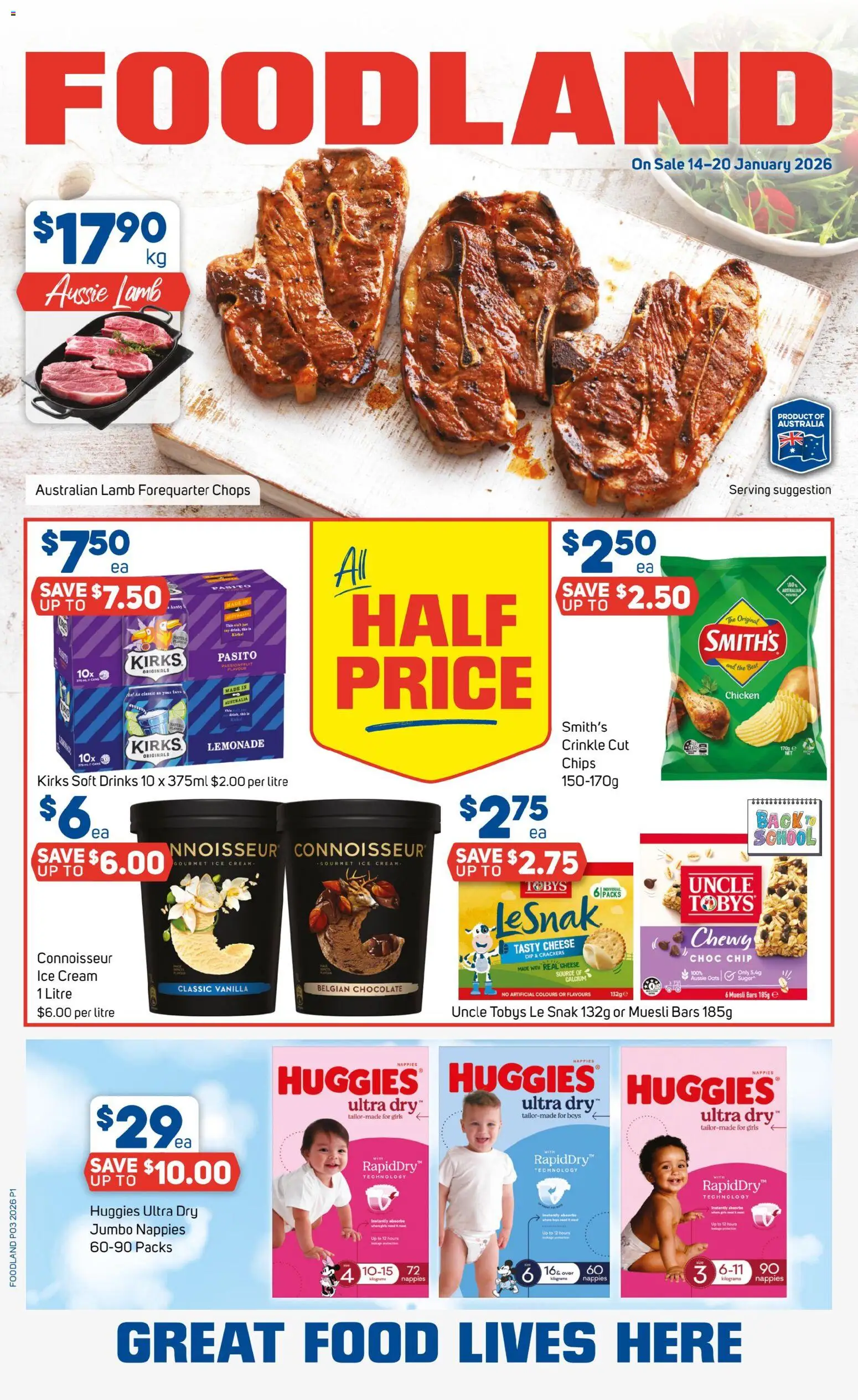 Preview of catalogue Catalogue from shop Foodland valid 14/01/2026 - Chocolate, Chicken, Lamb, Passionfruit, Ice cream, Lemonade, Vanilla, Muesli