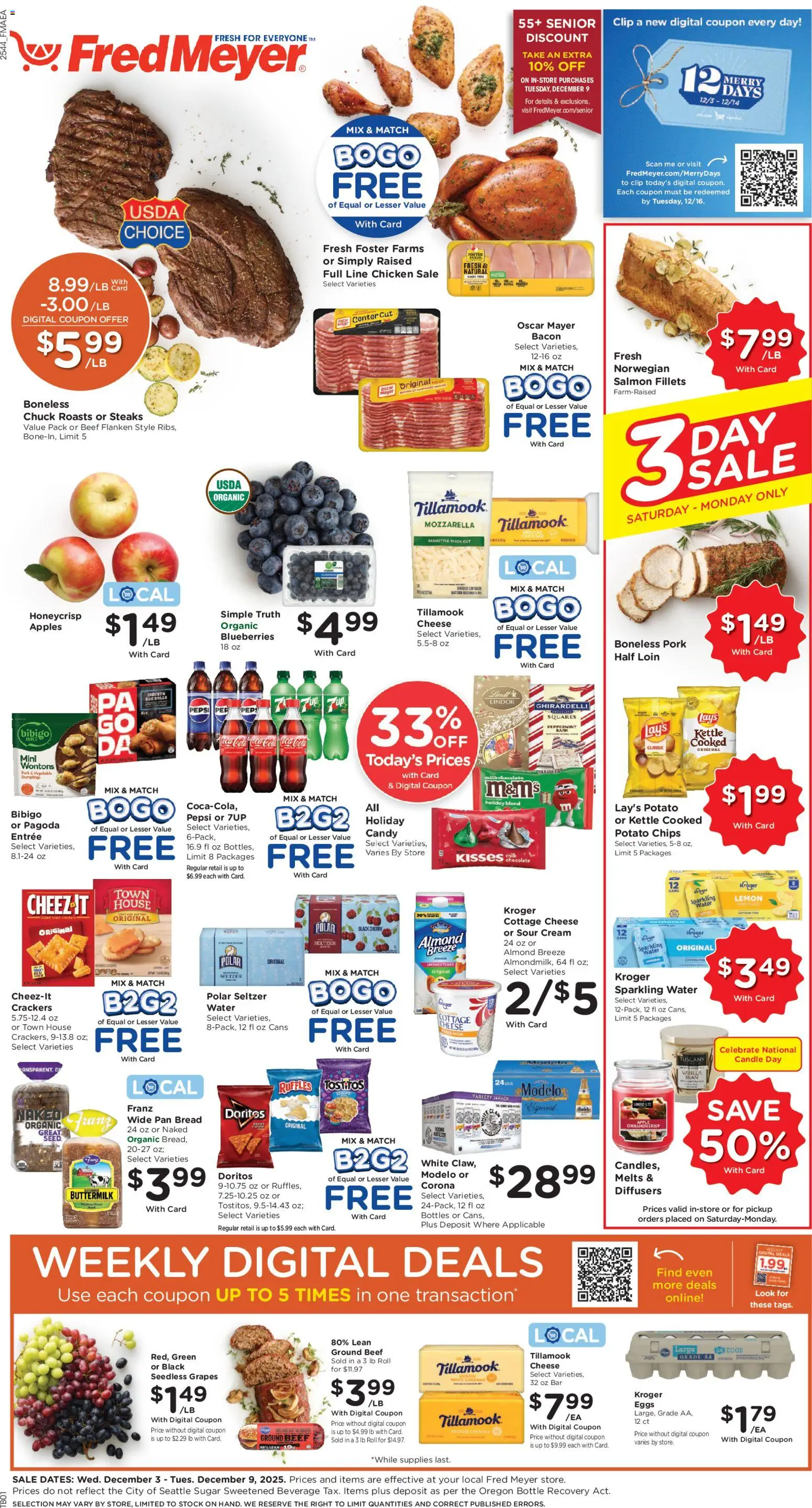 Ad Preview of Fred Meyer Weekly Ad from 12/03/2025 - Chocolate, Dumplings, Grapes, Pork, Peppermint, Potato chips, Lindor, Chicken