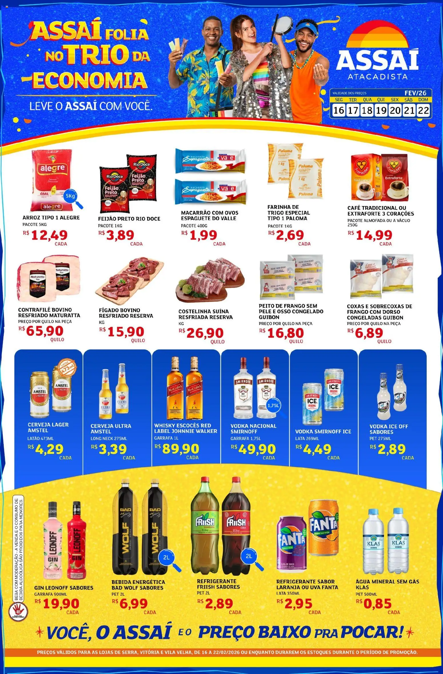 Pré-Visualização do folheto "Encarte - ES" da loja Assaí Atacadista válido a partir de 16/02/2026 - Cerveja, Macarrão, Ovos, Arroz, Suco, Baixo, Fanta, Bebida energética