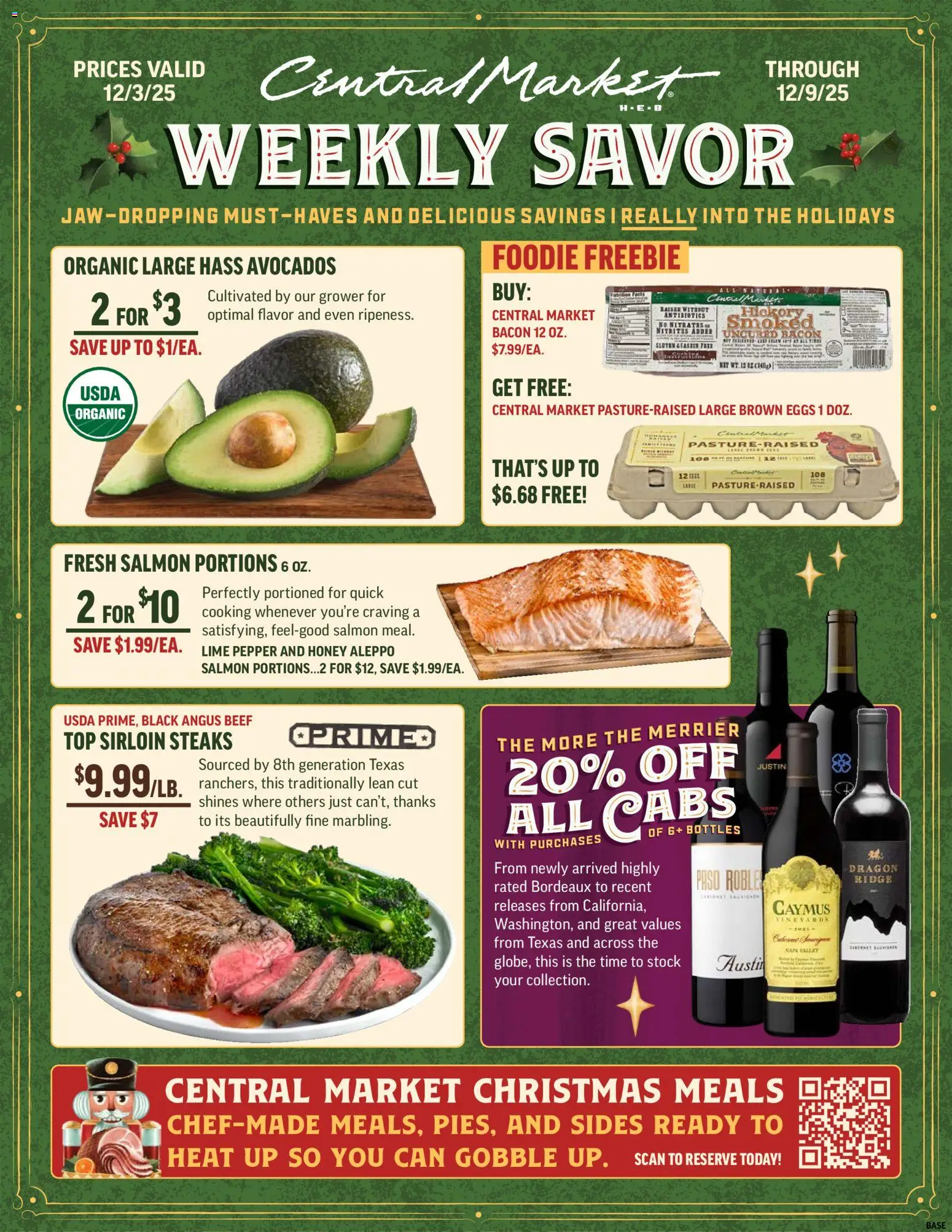Ad Preview of Central Market Weekly Ad from 12/03/2025 - Eggs, Salmon, Bacon, Pepper, Beef, Lime, Ridge, Fresh salmon