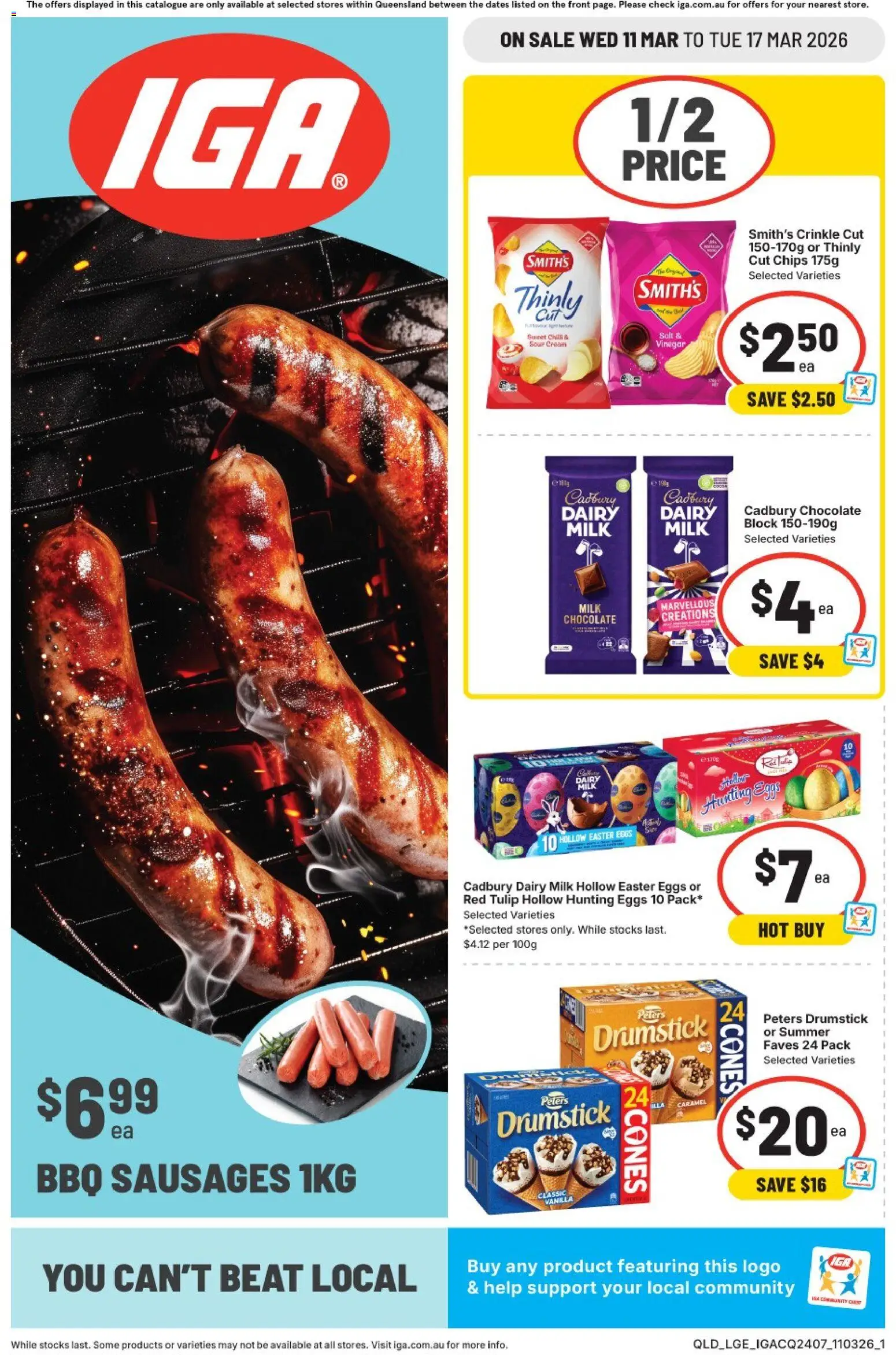 Preview of catalogue IGA catalogue QLD from shop IGA valid 11/03/2026 - Milk, Dairy, Eggs, Chocolate, Sour cream, Chips, Sausages, Vanilla