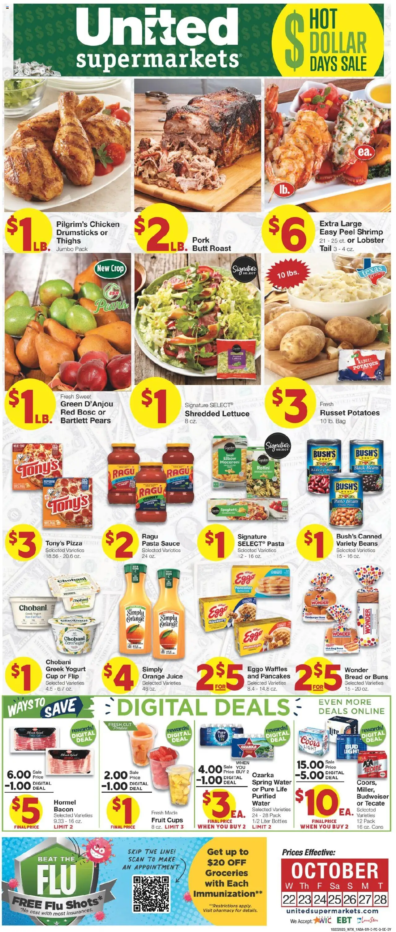 United Supermarkets Weekly Ad from 10/21/2025 - Flyer - Page number 1 - Groceries, Waffles, Yogurt, Greek yogurt, Lettuce, Pears, Orange juice, Chicken