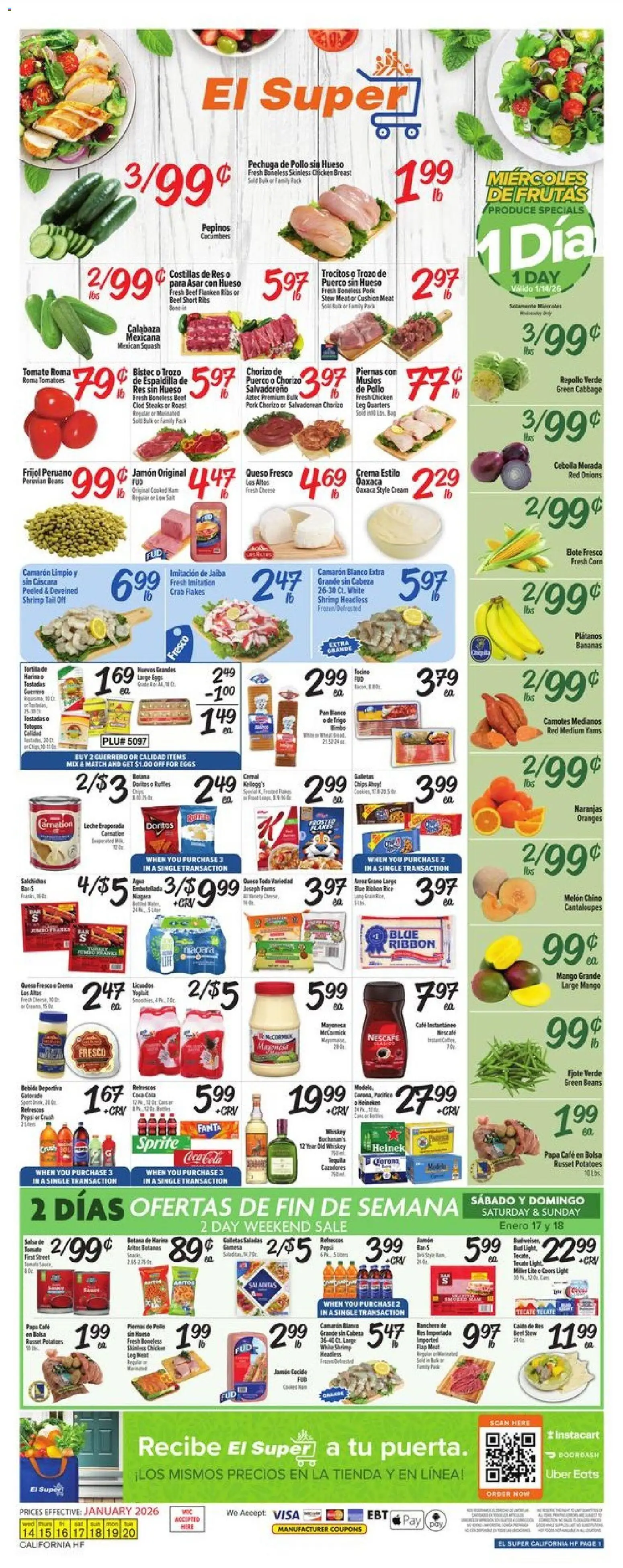 Ad Preview of El Super Weekly Ad from 01/14/2026 - Bananas, Potatoes, Meat, Whiskey, Sprite, Beans, Cabbage, Cushion