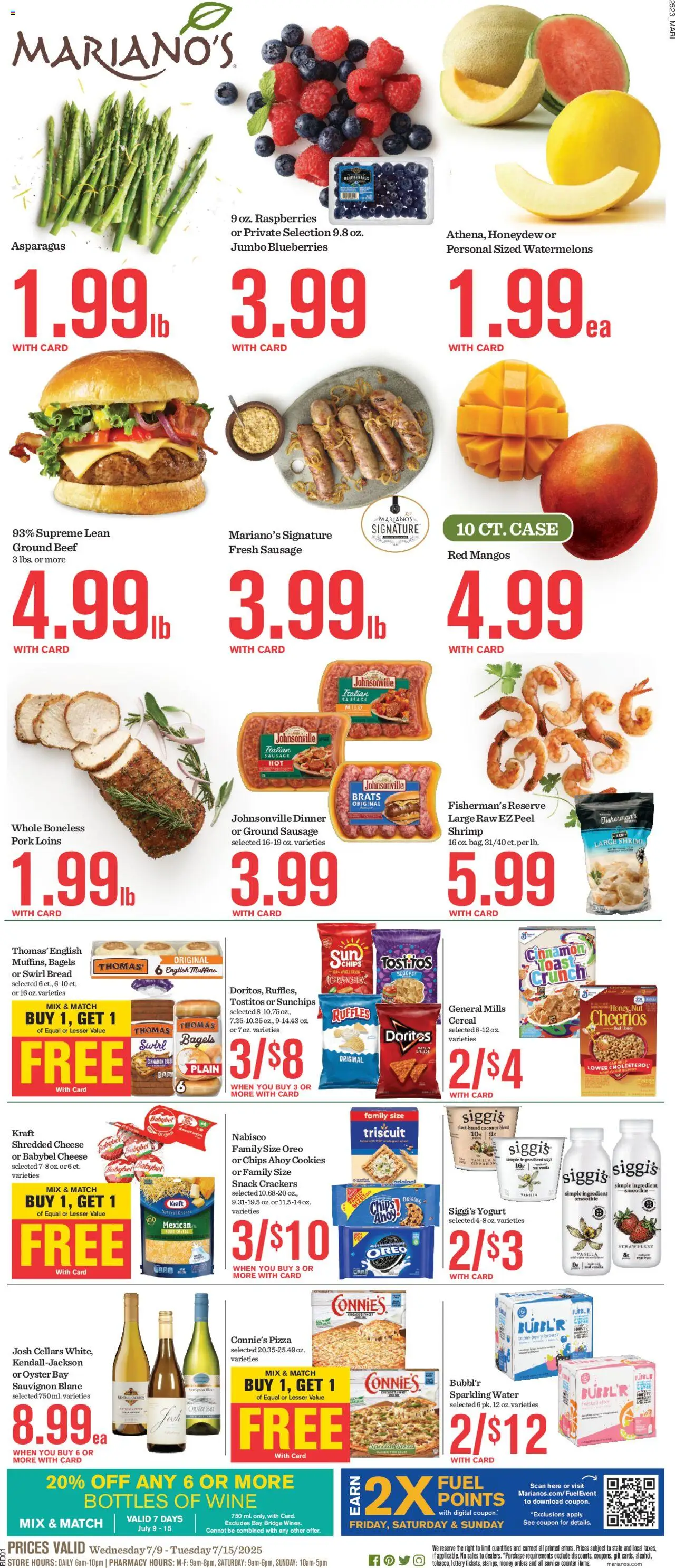 Mariano's Weekly Ad from 07/09/2025 - Flyer - Page number 1 - Yogurt, Pizza, Wine, Pork, Chips, Ground beef, Cereal, Case