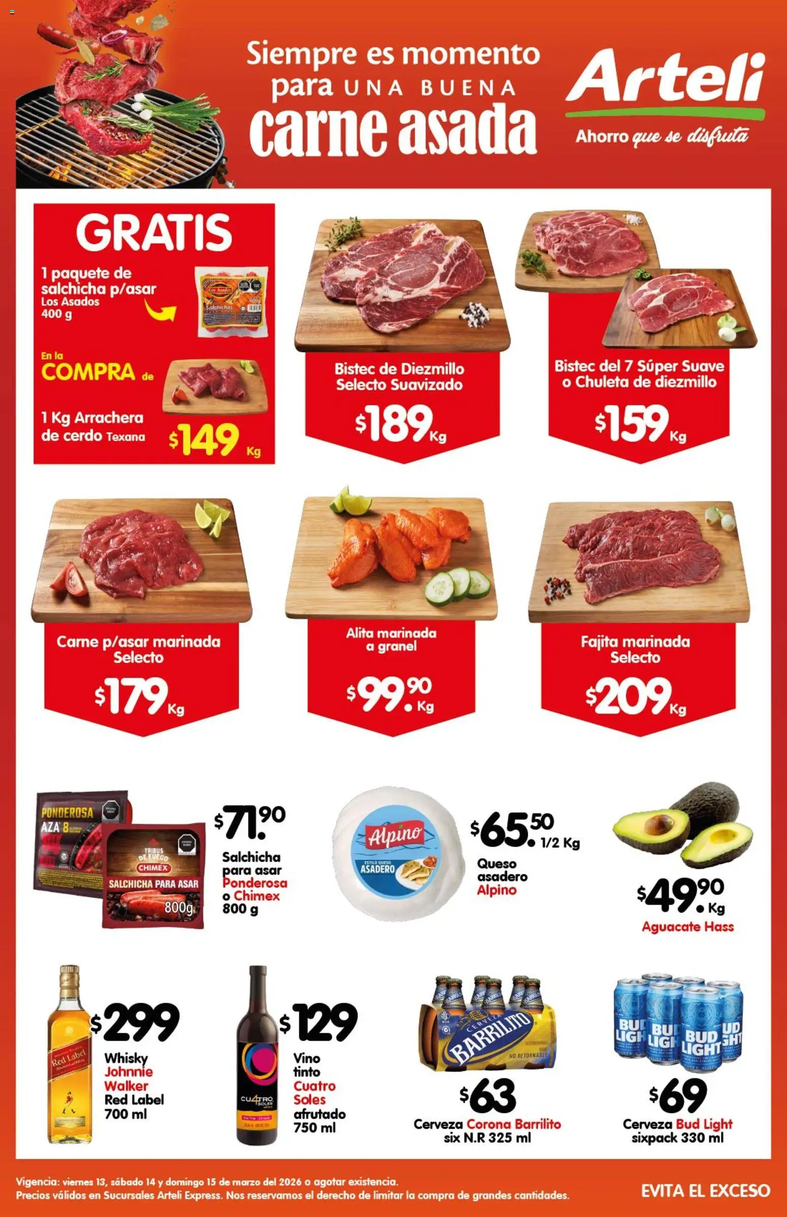 Vista previa las ofertas de la tienda Arteli - Arteli folleto Carne Express desde el 13/03/2026 - Whisky, Cerveza, Aguacate, Carne, Vino, Cerdo, Salchicha, Chuleta