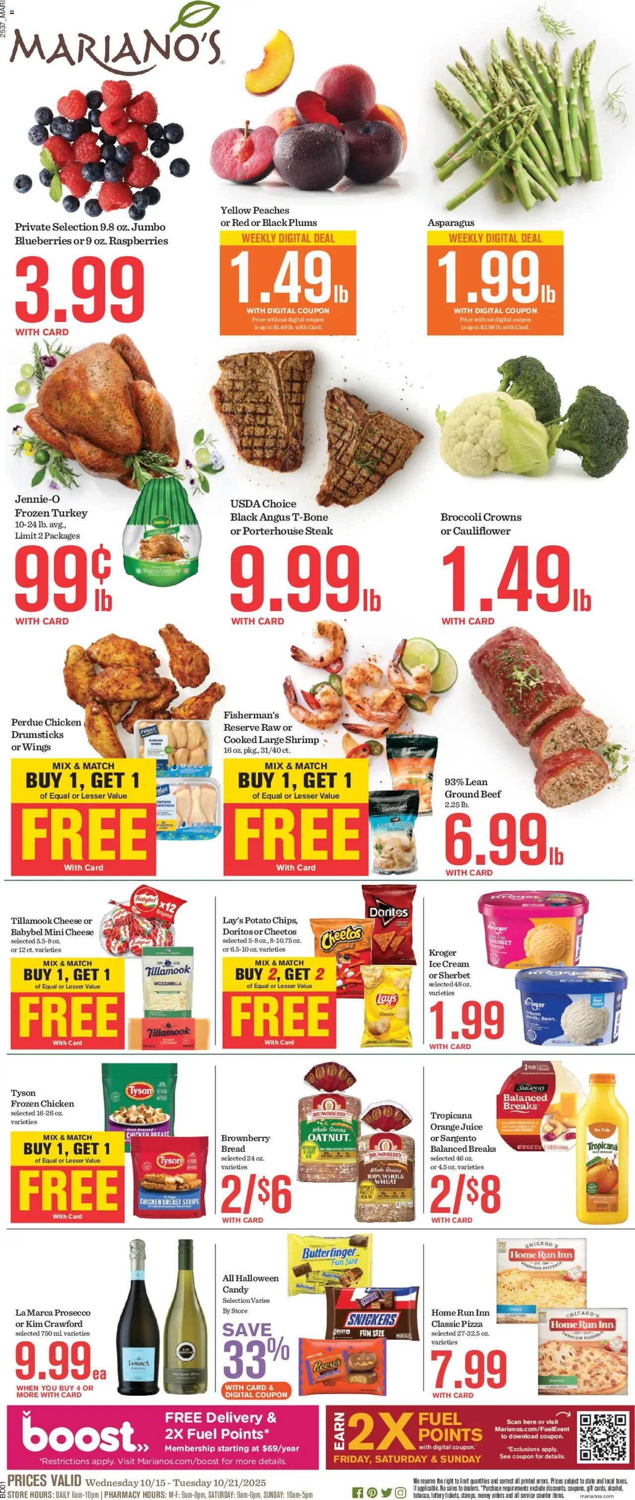 Mariano's Weekly Ad from 10/15/2025 - Flyer - Page number 1 - Turkey, Bread, Juice, Beef, Ground beef, Cream, Cauliflower, Orange juice