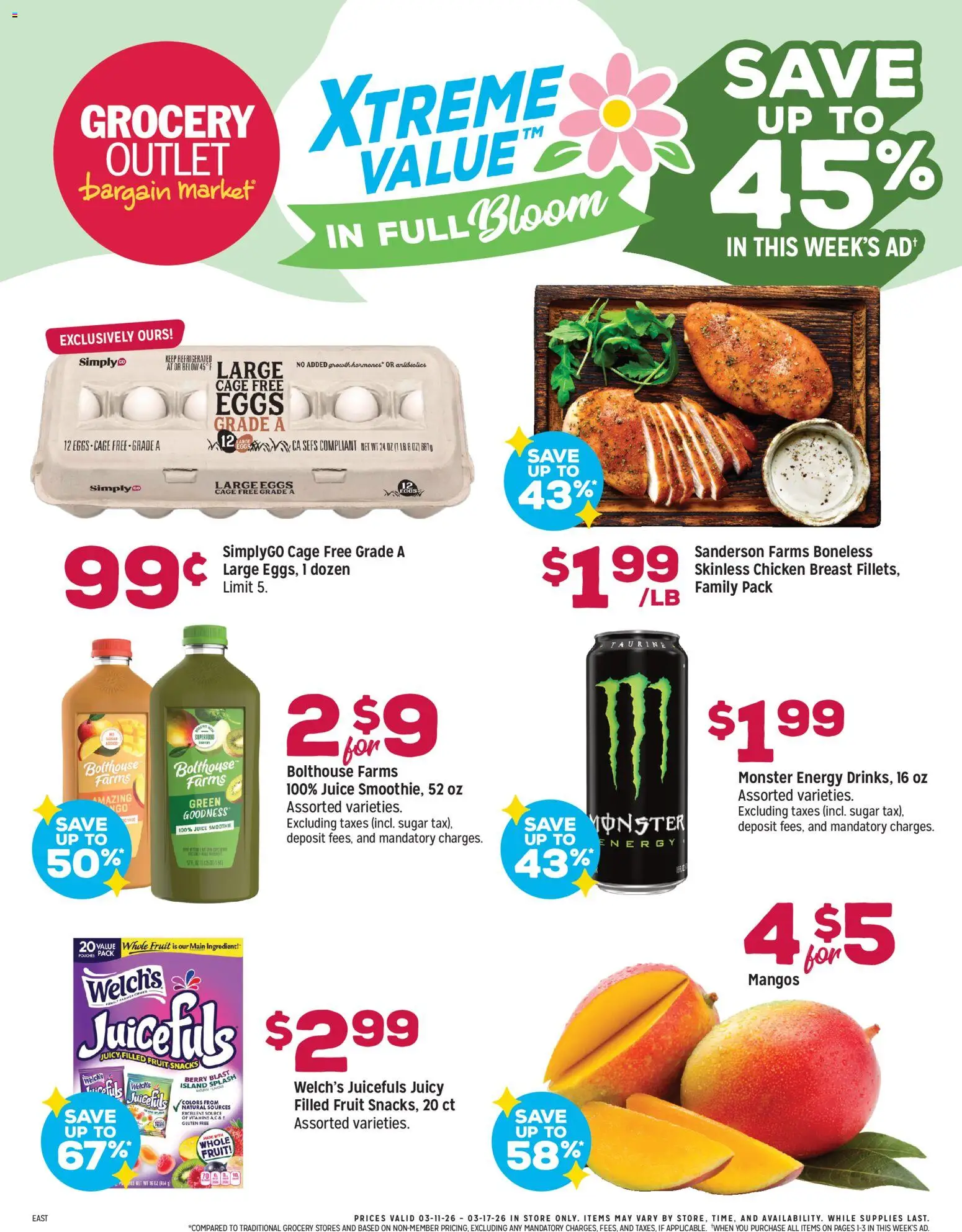 Ad Preview of Grocery Outlet Grocery Outlet Weekly Ad - MD from 03/11/2026 - Smoothie, Eggs, Snacks, Fruit, Juice, Sugar, Chicken