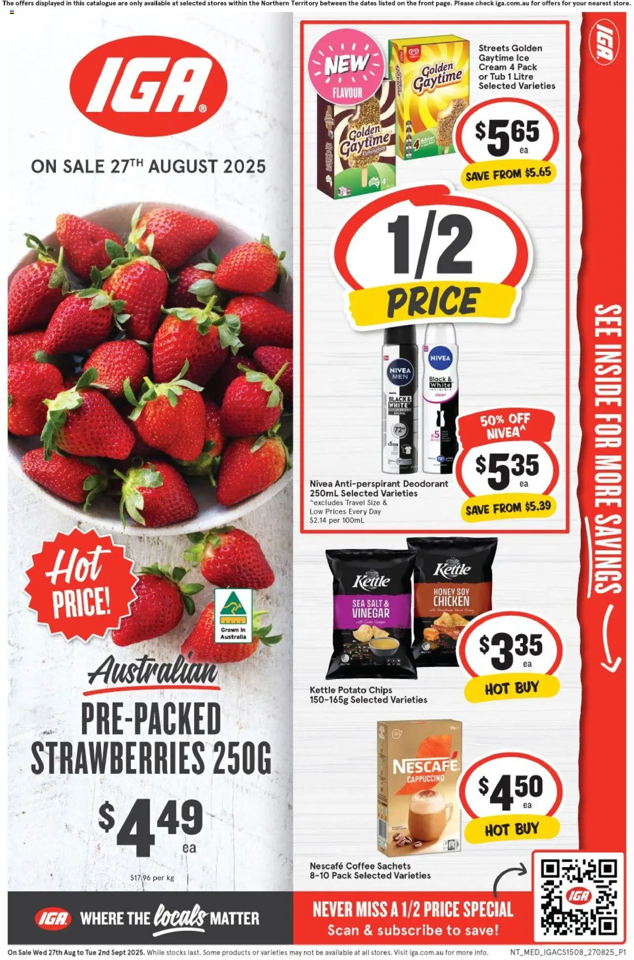 IGA catalogue valid from 27/08/2025 - page 1 - Coffee, Honey, Chicken, Deodorant, Cream, Salt, Vinegar, Kettle