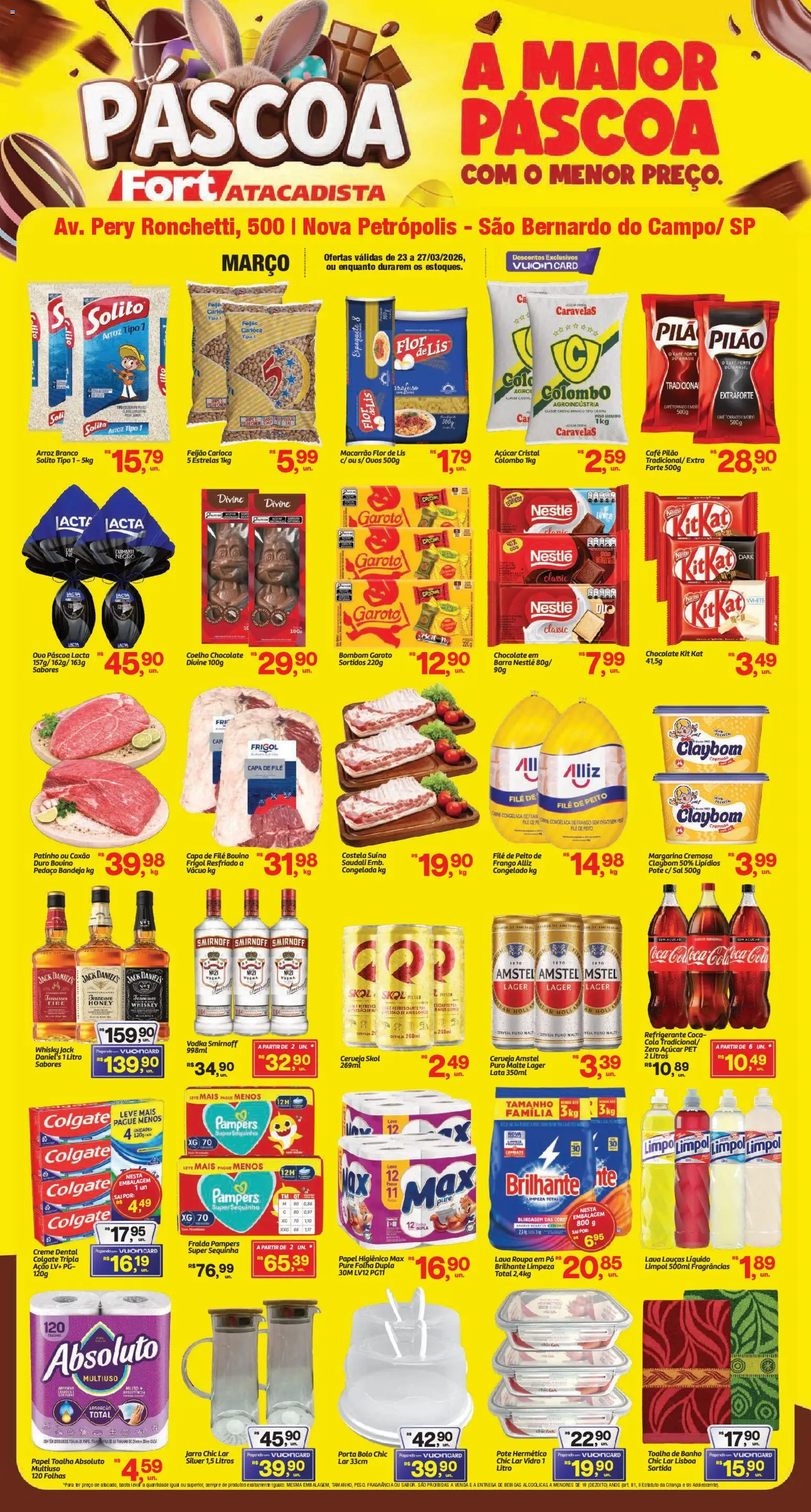 Pré-Visualização do folheto "Fort Atacadista - Ofertas da semana" da loja Fort Atacadista válido a partir de 23/03/2026 - Banco, Porta, Coelho, Sal, Pampers, Creme, Margarina, Café pilão