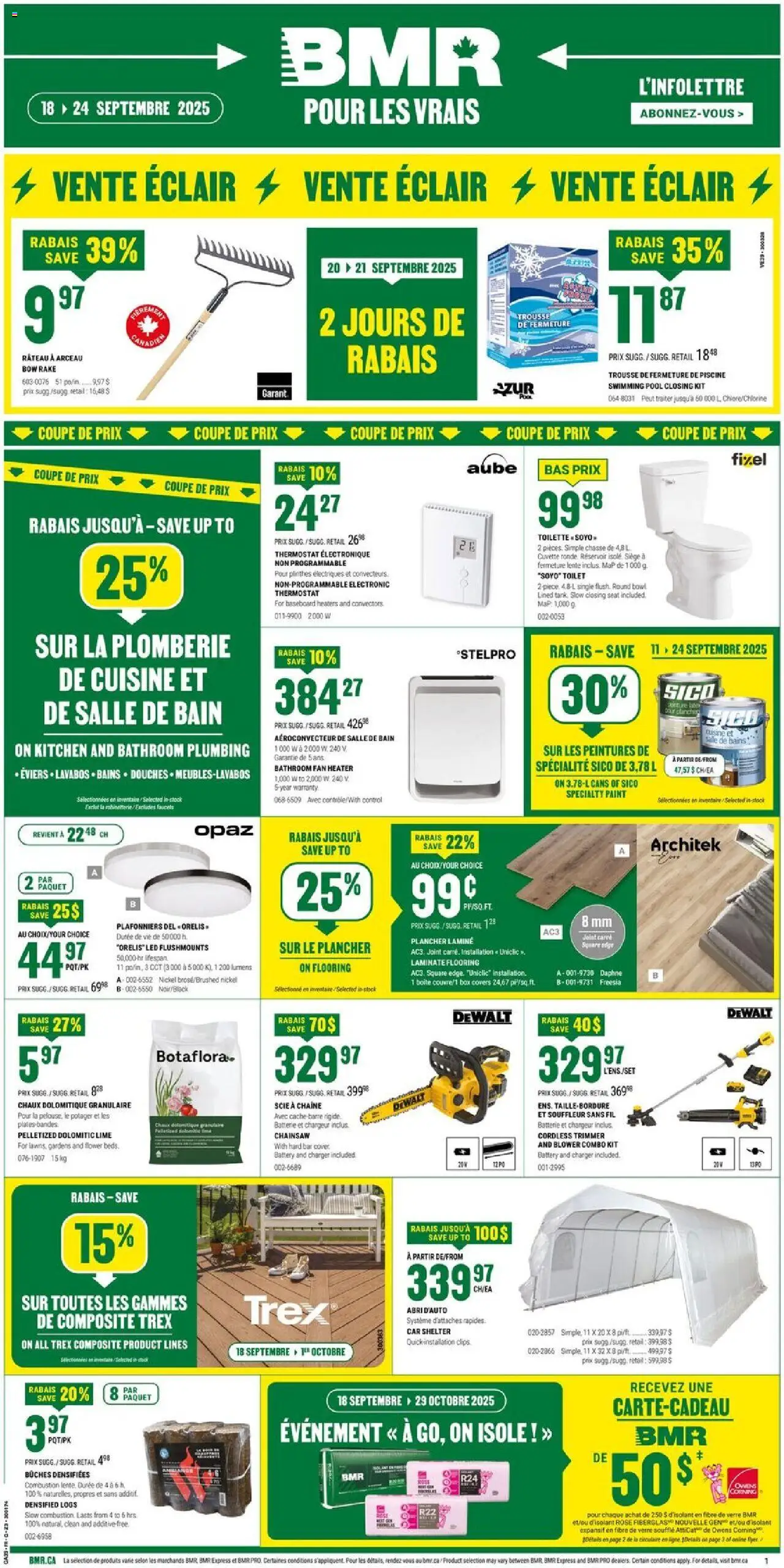 Preview of leaflet Weekly flyer / circulaire from shop BMR is valid from Sep 18, 2025 - Swimming pool, Fan, Box, Battery, Lime, Chainsaw