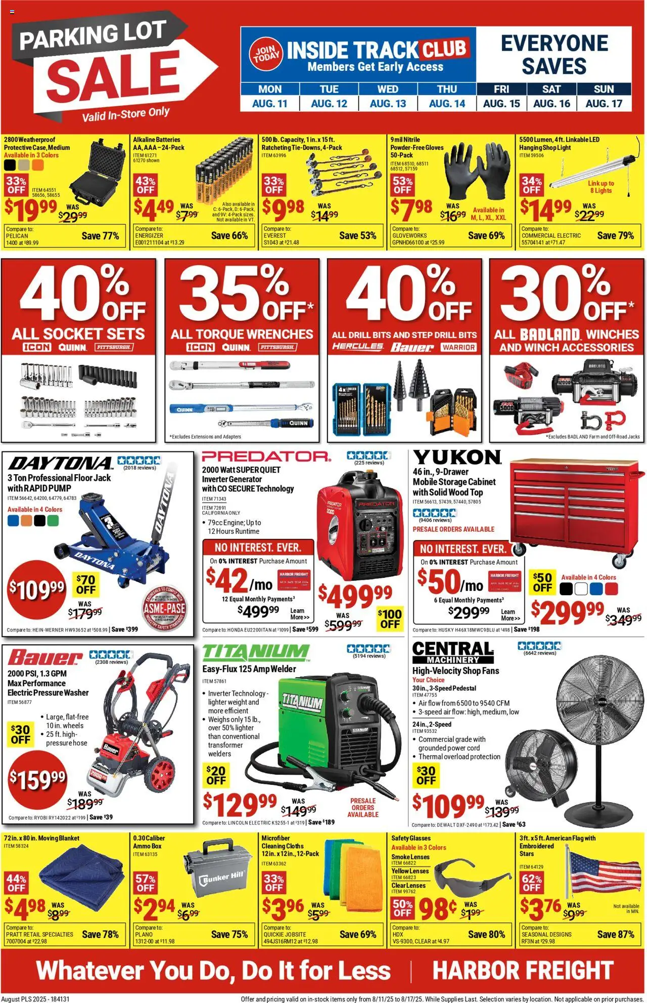 Harbor Freight Weekly Ad from 08/11/2025 - Flyer - Page number 1 - Box, Jacks, Ryobi, Weight, Gloves, Pump, Lighter, Ammo