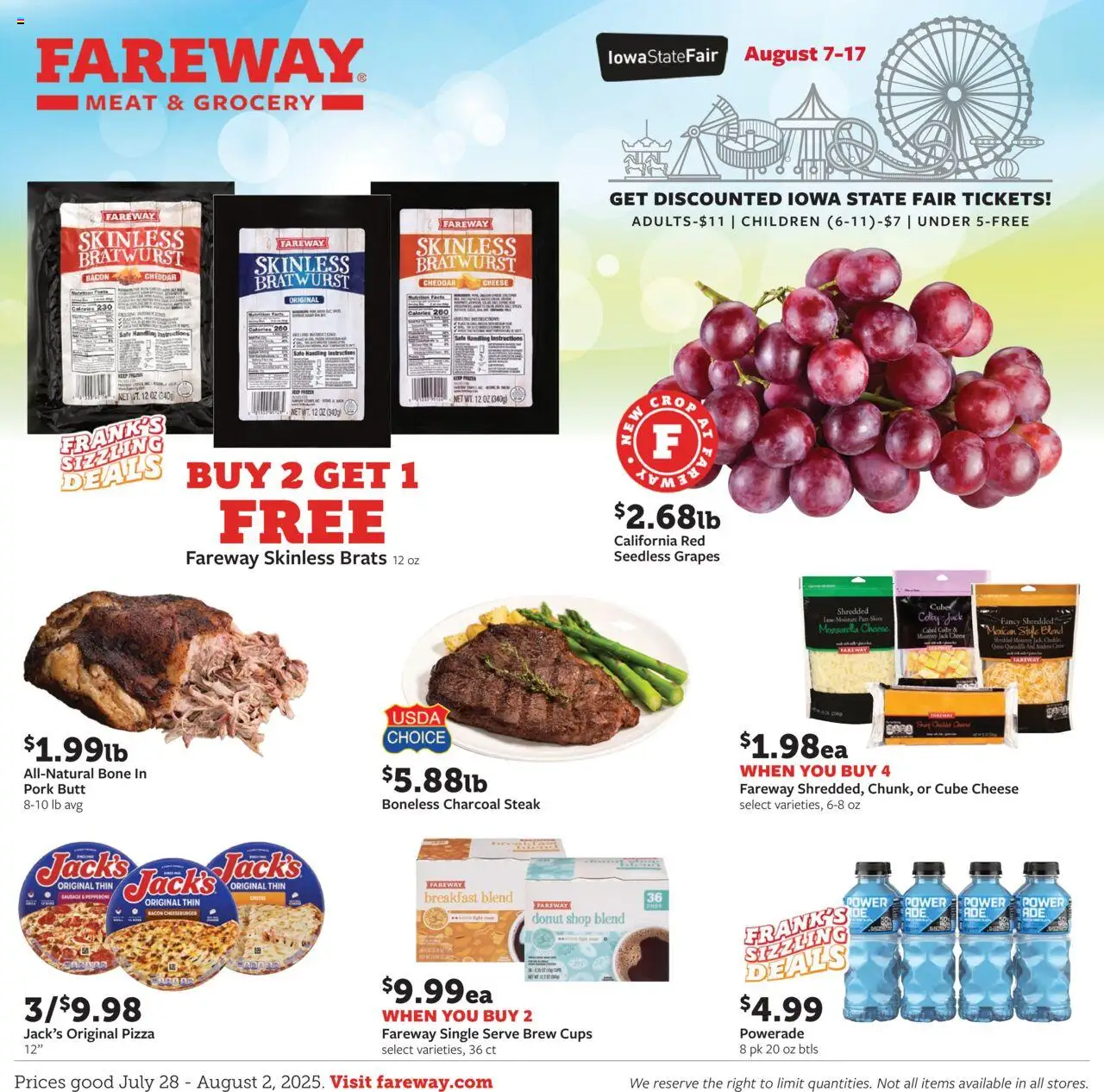 Fareway Weekly Ad from 07/28/2025 - Flyer - Page number 1 - Meat, Pizza, Sausage, Grapes, Donut, Mozzarella, Cheddar cheese, Steak