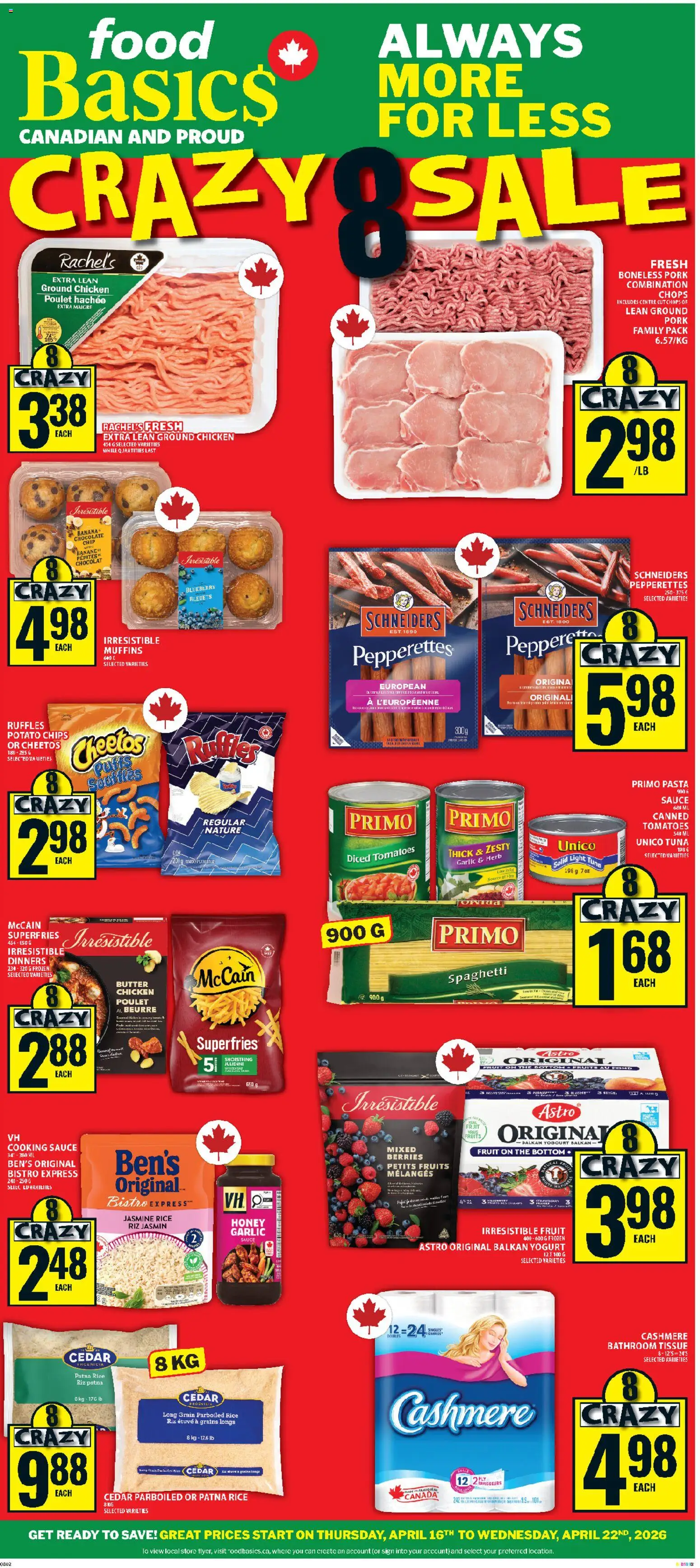 Preview of leaflet Food Basics weekly flyer / circulaire from shop Food Basics is valid from Apr 16, 2026 - Pasta, Honey, Yogurt, Chips, Butter, Tomatoes, Pork, Parboiled rice
