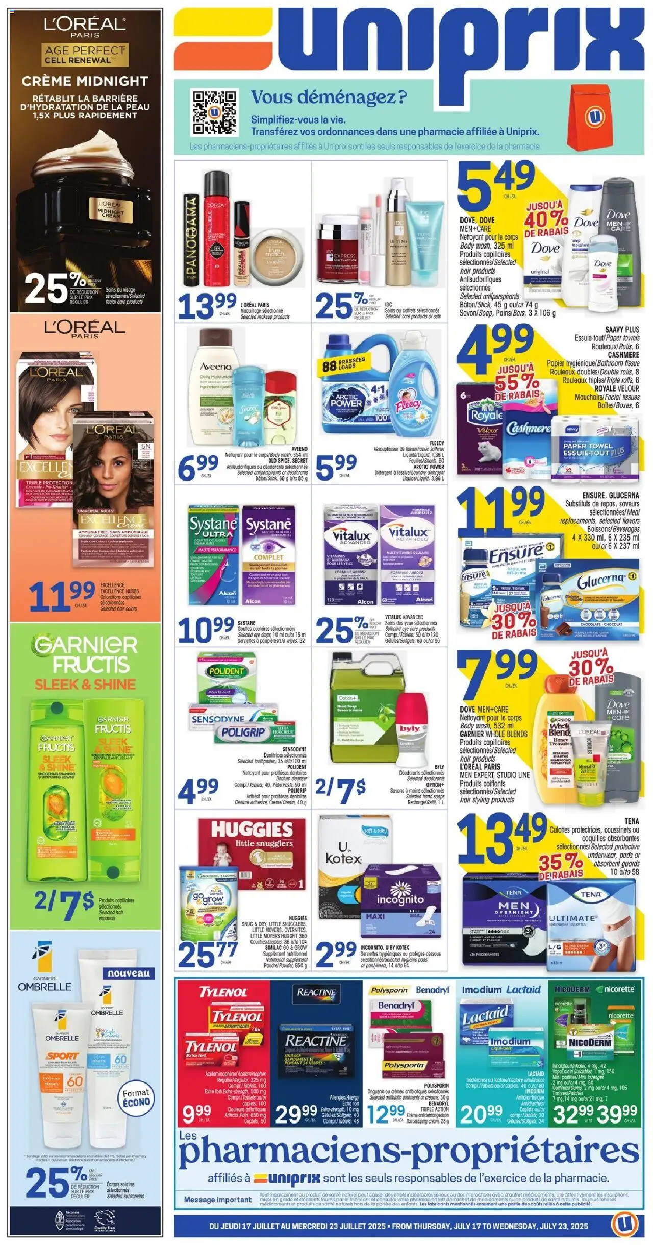 Uniprix flyer valid from Jul 17, 2025 - page number 1 - Chocolate, Soap, Cream, Towels, Powder, Tissues, Detergent, Conditioner
