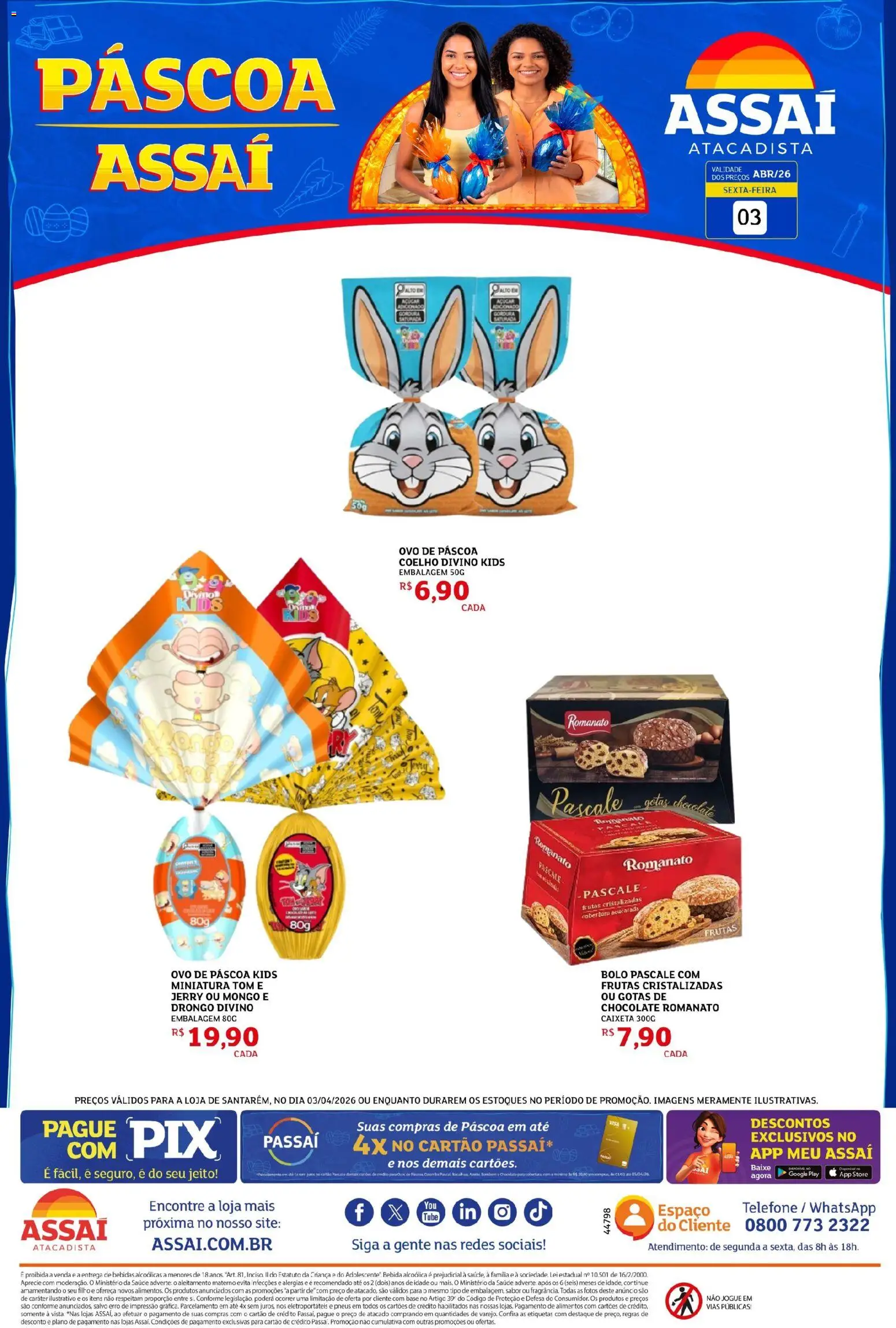 Pré-Visualização do folheto "Assaí Atacadista ofertas - PA" da loja Assaí Atacadista válido a partir de 03/04/2026 - Ovo de páscoa, Bolo, Chocolate, Frutas, Coelho, Bebidas, Pneus, Açúcar
