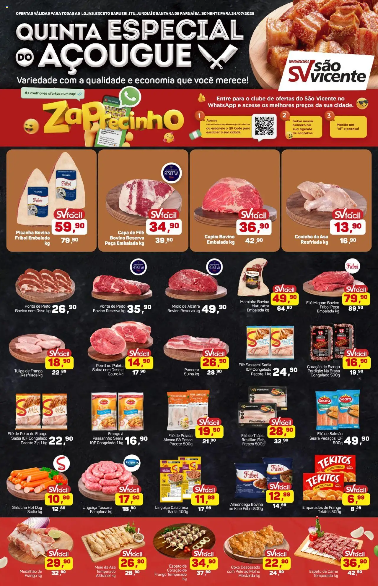 Supermercados São Vicente folheto "Ofertas da semana" válido a partir de 24/07/2025 - número de página 1 - Salmão, Filé de salmão, Maminha, Coração de frango, Peixe, Filé de tilápia, File de polaca, Peito de frango