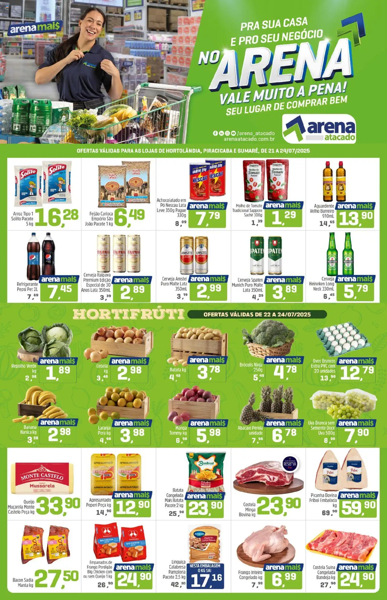 Arena Atacado folheto "Ofertas da semana" válido a partir de 21/07/2025 - número de página 1 - Pera, Molho de tomate, Frango inteiro, Uva, Manga, Heineken, Frango, Mussarela