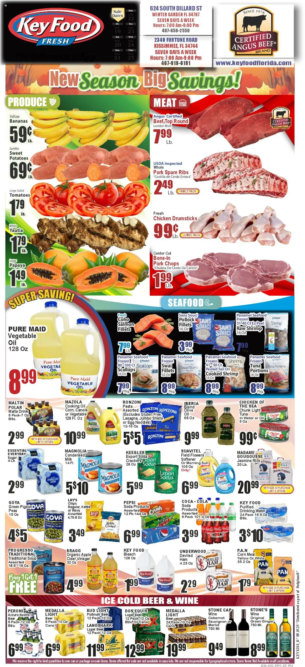 Ad Preview of Key Food Weekly Ad from 09/19/2025 - Ice, Salad, Noodles, Salmon, Beef, Vinegar, Spread, Chicken
