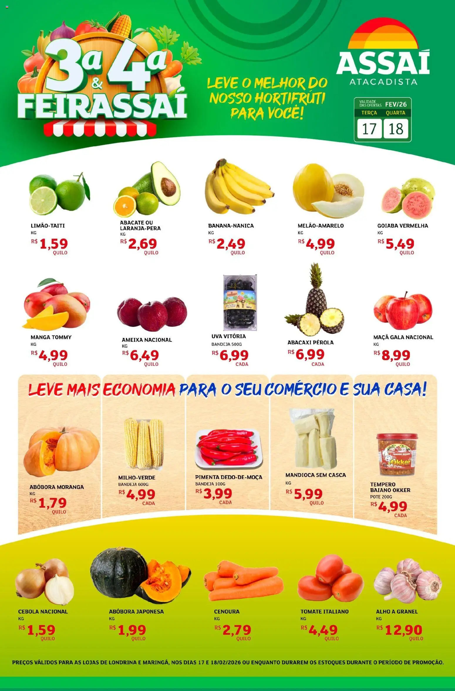 Pré-Visualização do folheto "Encarte - PR" da loja Assaí Atacadista válido a partir de 17/02/2026 - Manga, Uva, Ameixa, Goiaba, Cenoura, Mandioca, Pimenta, Bandeja