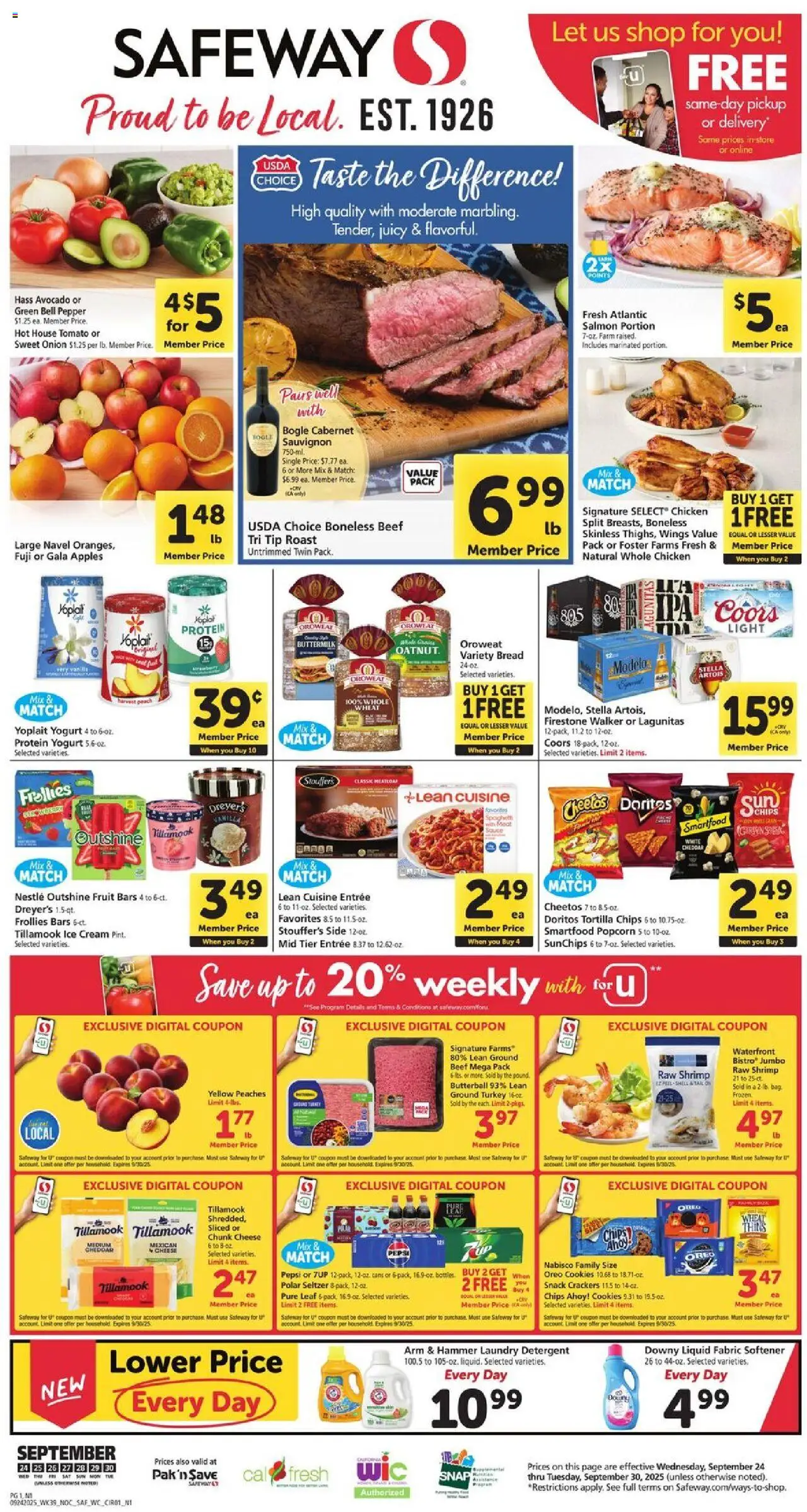 Ad Preview of Safeway Weekly Ad from 09/24/2025 - Cookies, Ice, Chips, Cheese, Peaches, Pepsi, Fabric softener, Chicken