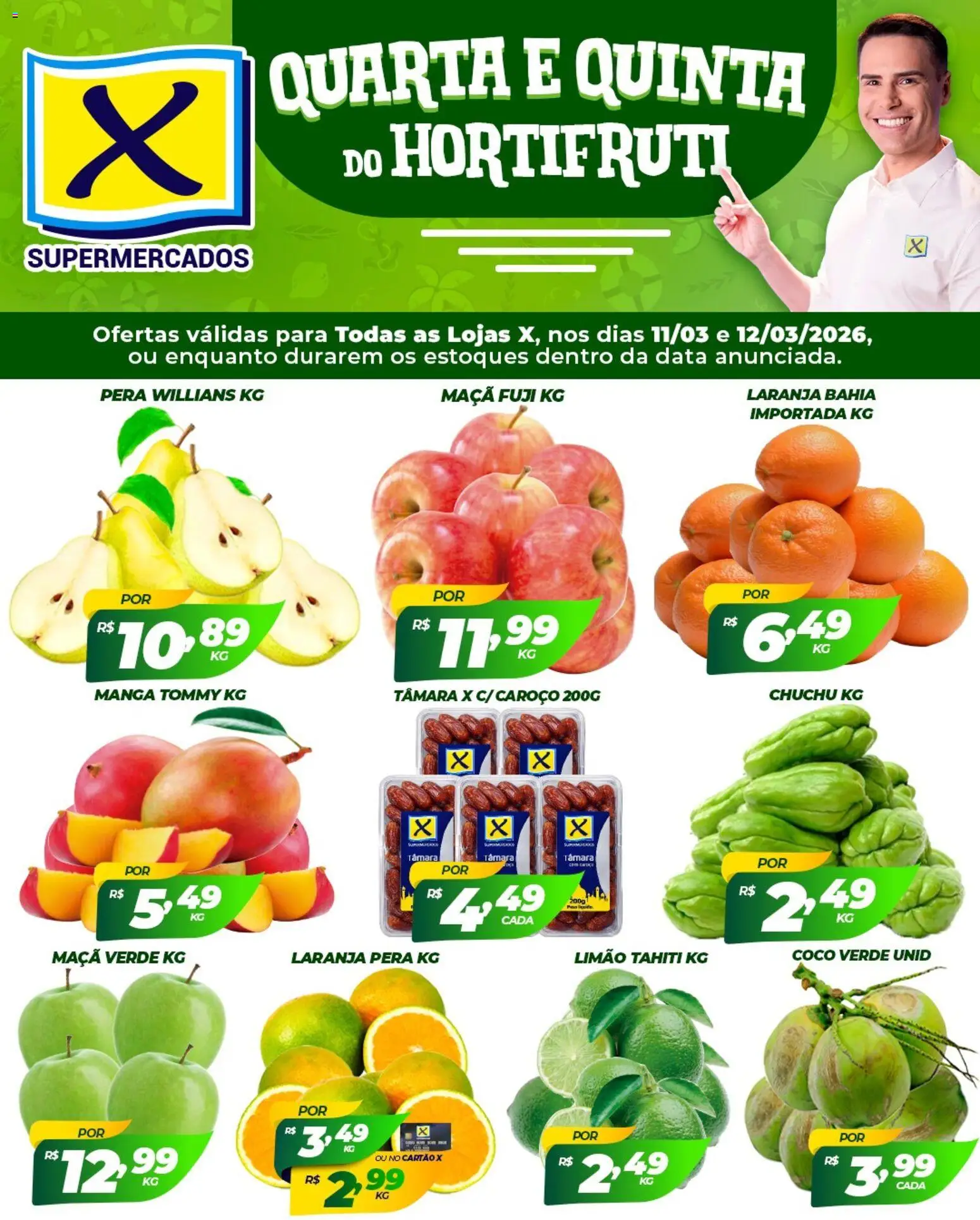 Pré-Visualização do folheto "X Supermercados ofertas Hortifruti" da loja X Supermercados válido a partir de 11/03/2026 - Coco, Manga, Chuchu, Pera
