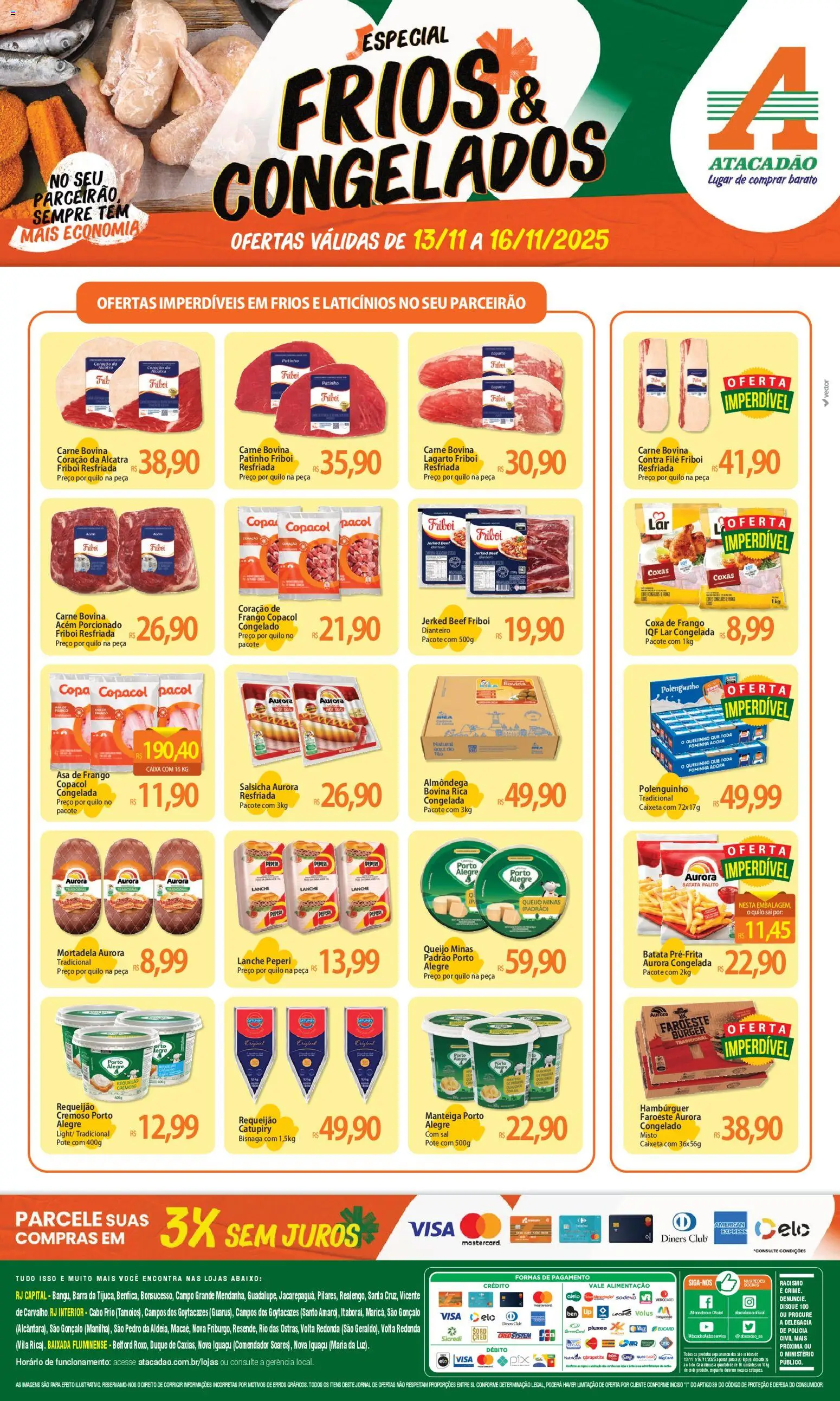 Pré-Visualização do folheto "Ofertas - RJ" da loja Atacadão válido a partir de 13/11/2025 - Hambúrguer, Salsicha, Queijo, Batata, Frango, Manteiga, Coxa de frango, Contra filé
