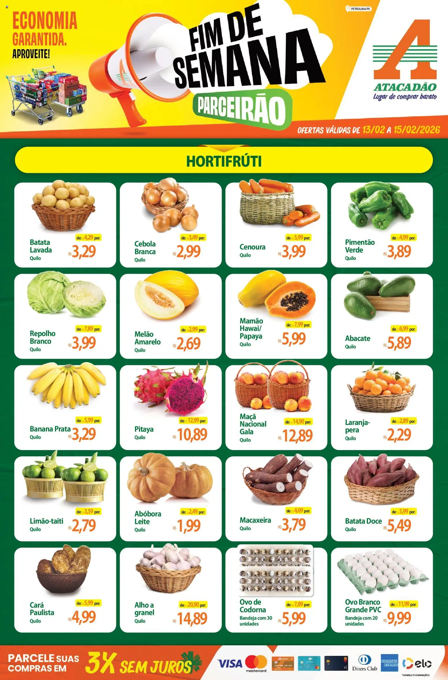 Pré-Visualização do folheto "Ofertas - PE" da loja Atacadão válido a partir de 13/02/2026 - Abacate, Cenoura, Cebola, Repolho, Bandeja, Melão, Alho, Cará