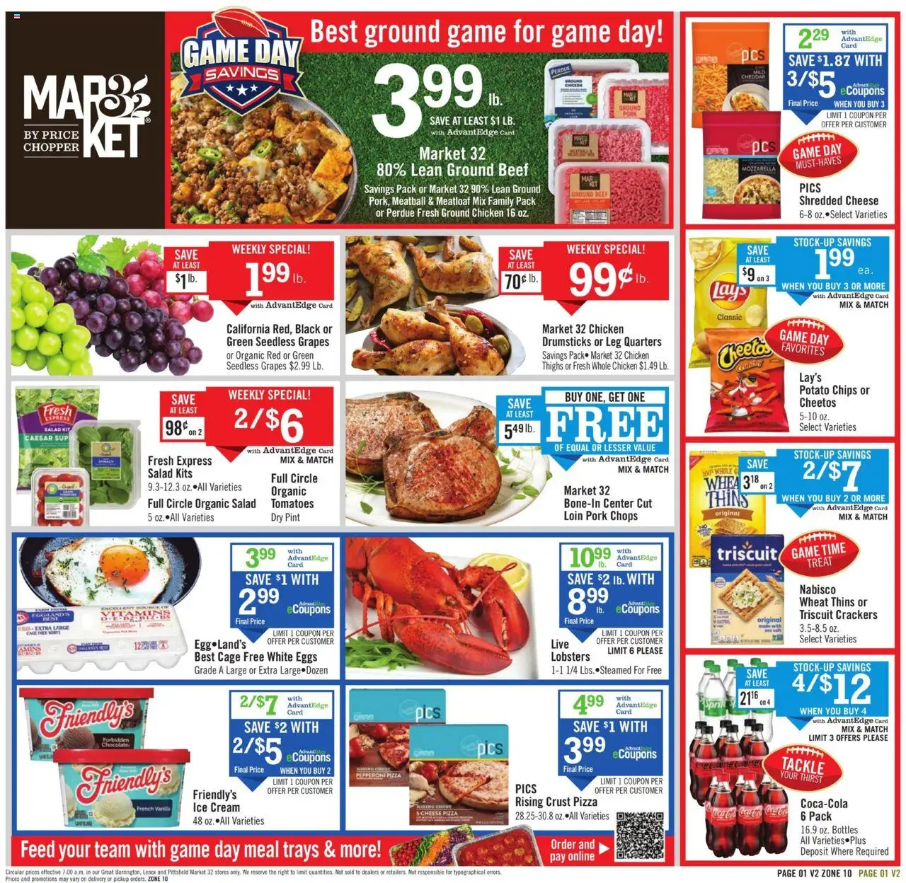 Ad Preview of Price Chopper Weekly Ad from 09/21/2025 - Game, Salad, Chips, Grapes, Chicken thighs, Cream, Mozzarella, Drumsticks