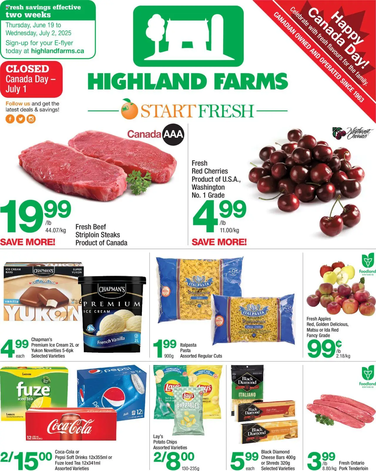 Highland Farms flyer valid from Jun 19, 2025 - page number 1 - Ice cream, Pasta, Ice, Drinks, Beef, Pork tenderloin, Pork, Cream