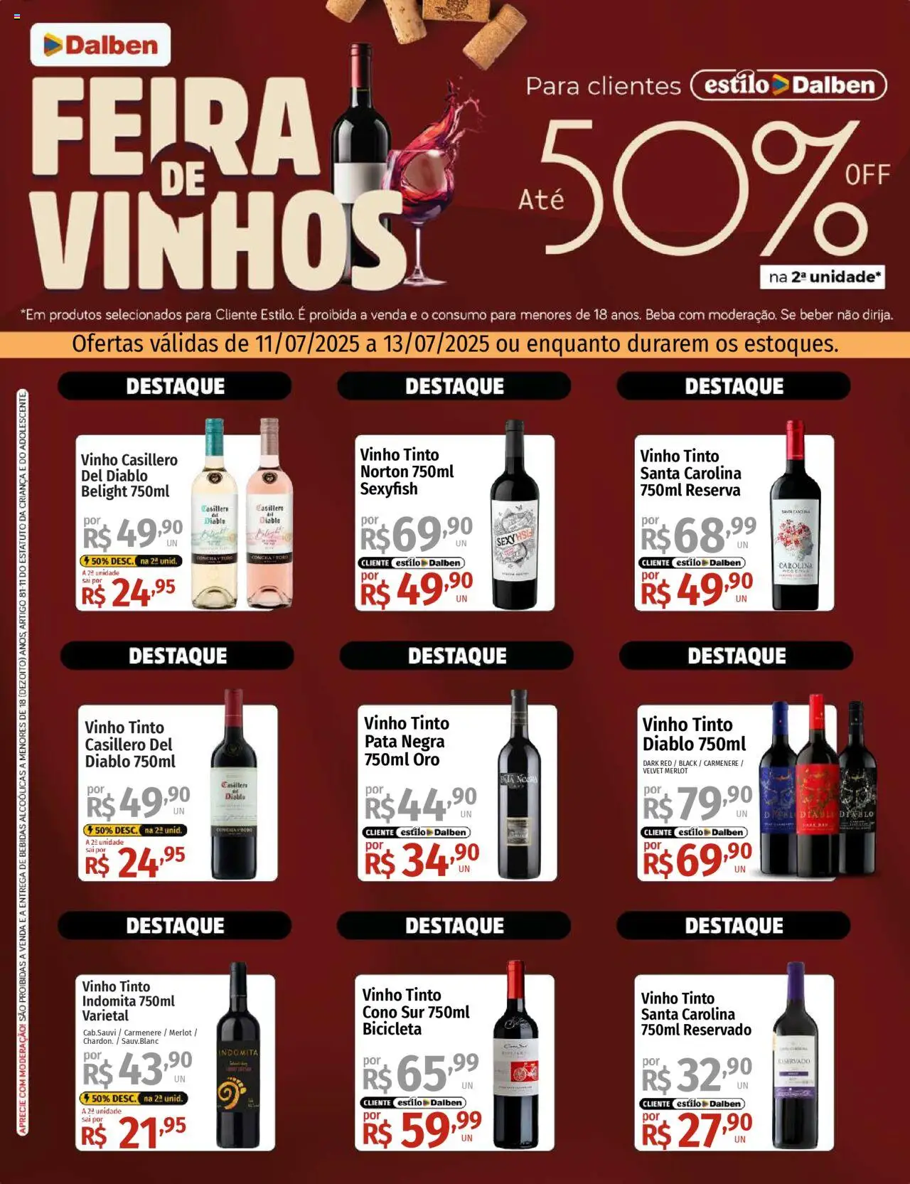 Supermercado Dalben folheto "Ofertas Feira de Vinhos" válido a partir de 11/07/2025 - número de página 1 - Bicicleta, Bebidas, Vinho tinto, Vinho