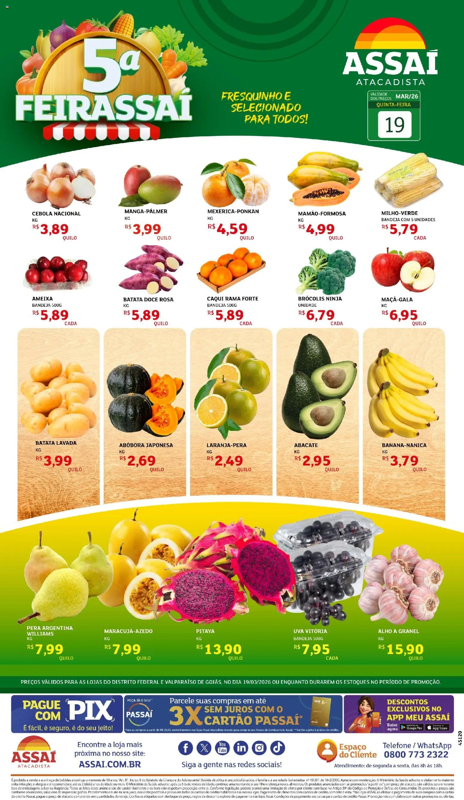 Pré-Visualização do folheto "Assaí Atacadista ofertas - DF" da loja Assaí Atacadista válido a partir de 19/03/2026 - Telefone, Base, Brócolis, Doce, Batata, Ameixa, Caqui, Alimentos