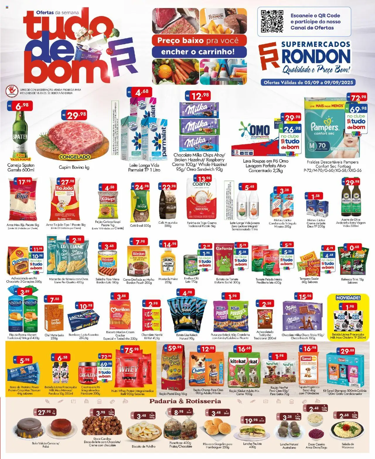 Supermercados Rondon folheto "Ofertas do semana" válido a partir de 05/09/2025 - número de página 1 - Chocolate, Macarrão, Doce de leite, Pão, Bebida, Creme de leite, Pão de forma, Tapete higiênico