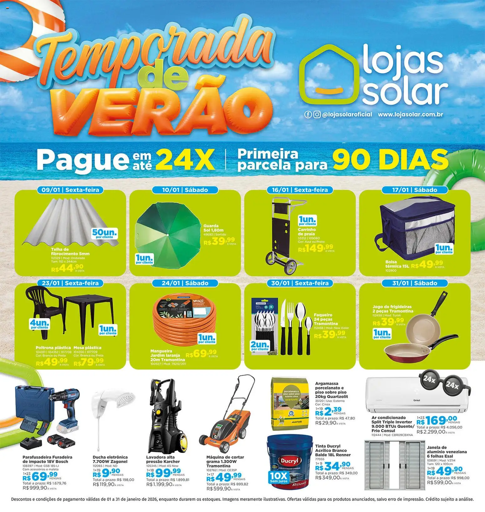 Pré-Visualização do folheto "Ofertas atuais" da loja Lojas Solar válido a partir de 01/01/2026 - Parafusadeira, Poltrona, Bolsa, Porcelanato, Mesa, Argamassa, Mangueira, Ducha eletrônica