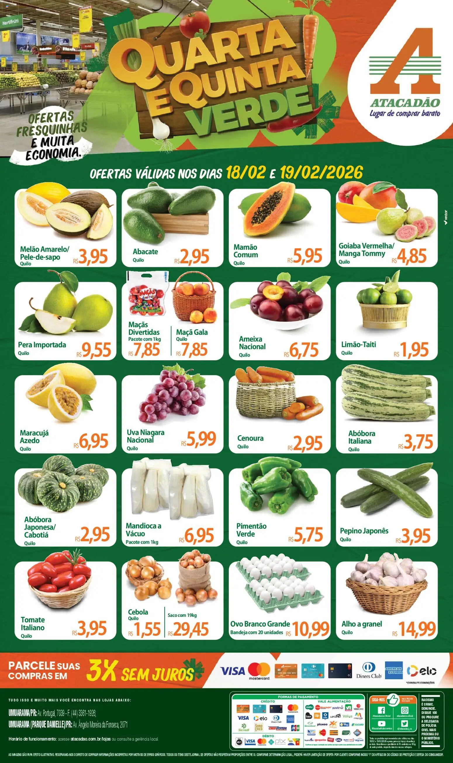 Pré-Visualização do folheto "Ofertas - PR" da loja Atacadão válido a partir de 18/02/2026 - Manga, Ameixa, Pera, Tomate, Abacate, Cebola, Bandeja, Pepino japonês