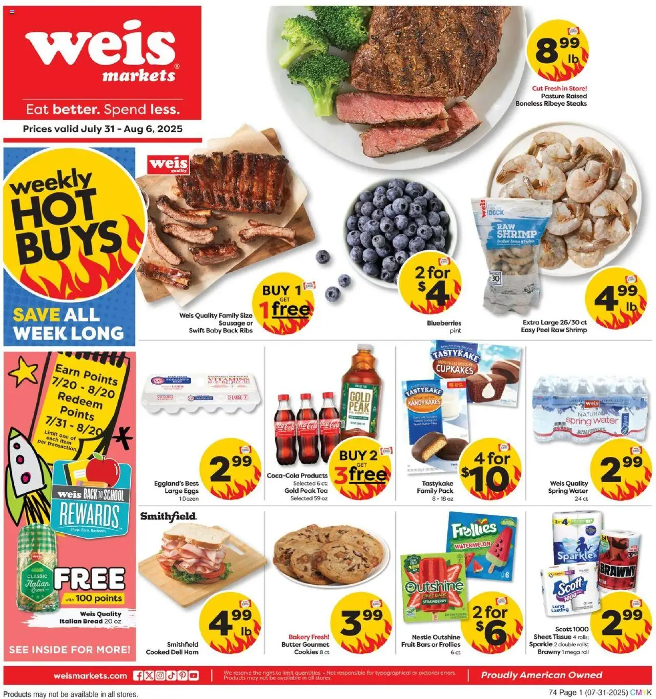 Weis Weekly Circular - DE from 07/31/2025 - Flyer - Page number 1 - Cookies, Water, Eggs, Bread, Watermelon, Shrimp, Butter, Sausage