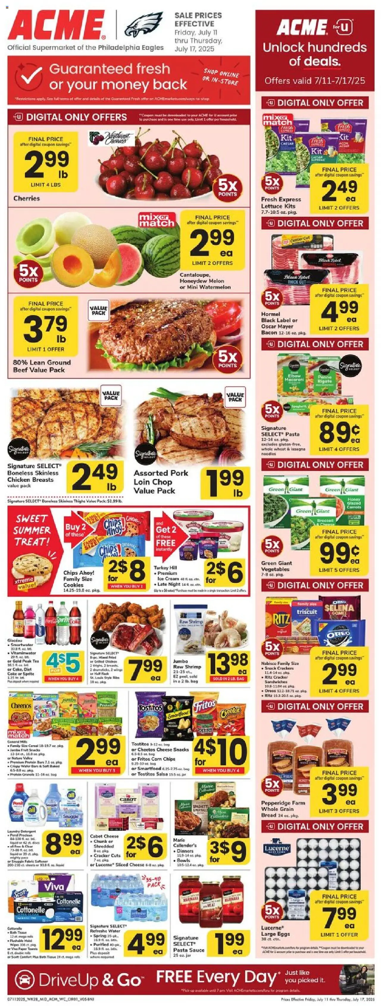 Acme Weekly Ad - NJ from 07/11/2025 - Circular, Flyer - Page number 1 - Crackers, Chicken, Eggs, Protein, Bacon, Water, Vegetables, Sprite