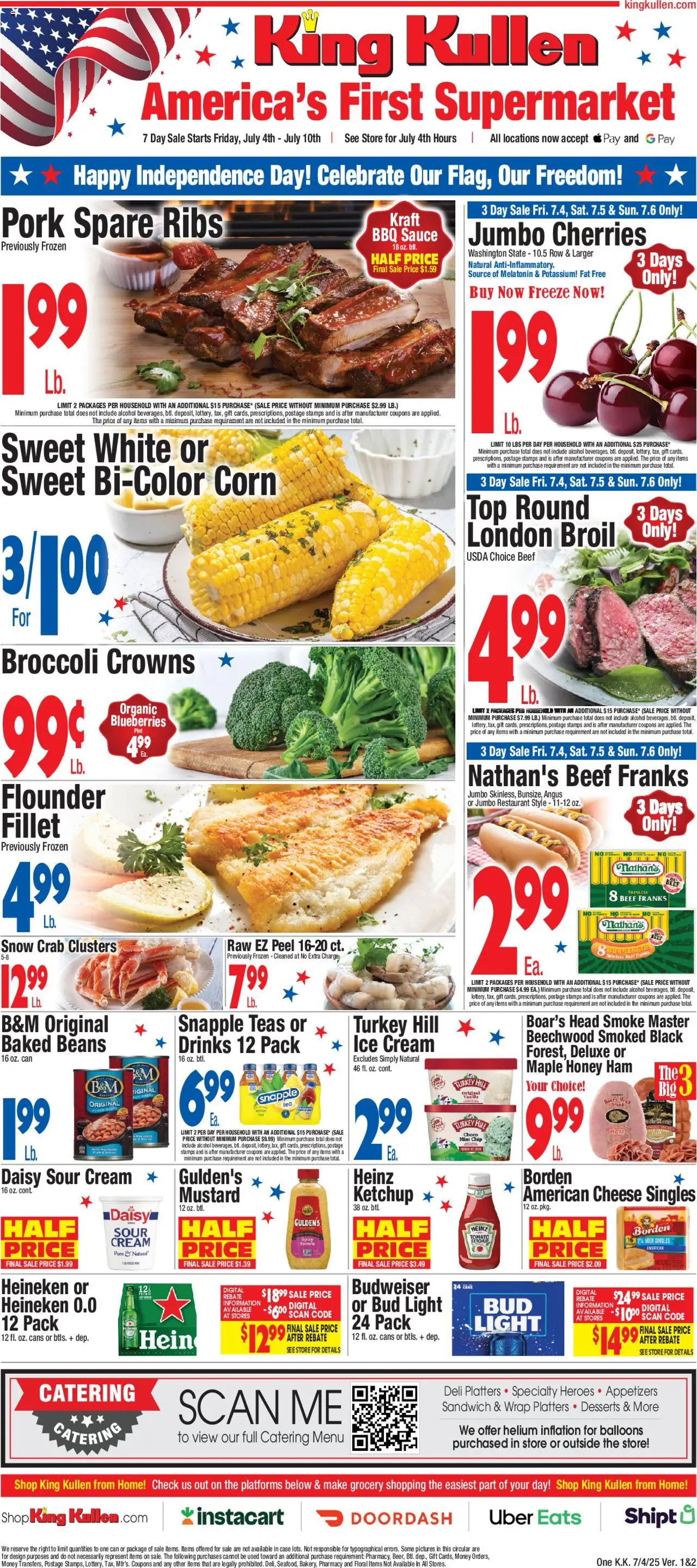 King Kullen Weekly Ad from 07/04/2025 - Flyer - Page number 1 - Ice cream, Turkey, Ice, Broccoli, Milk, Blueberries, Ham, Sour cream